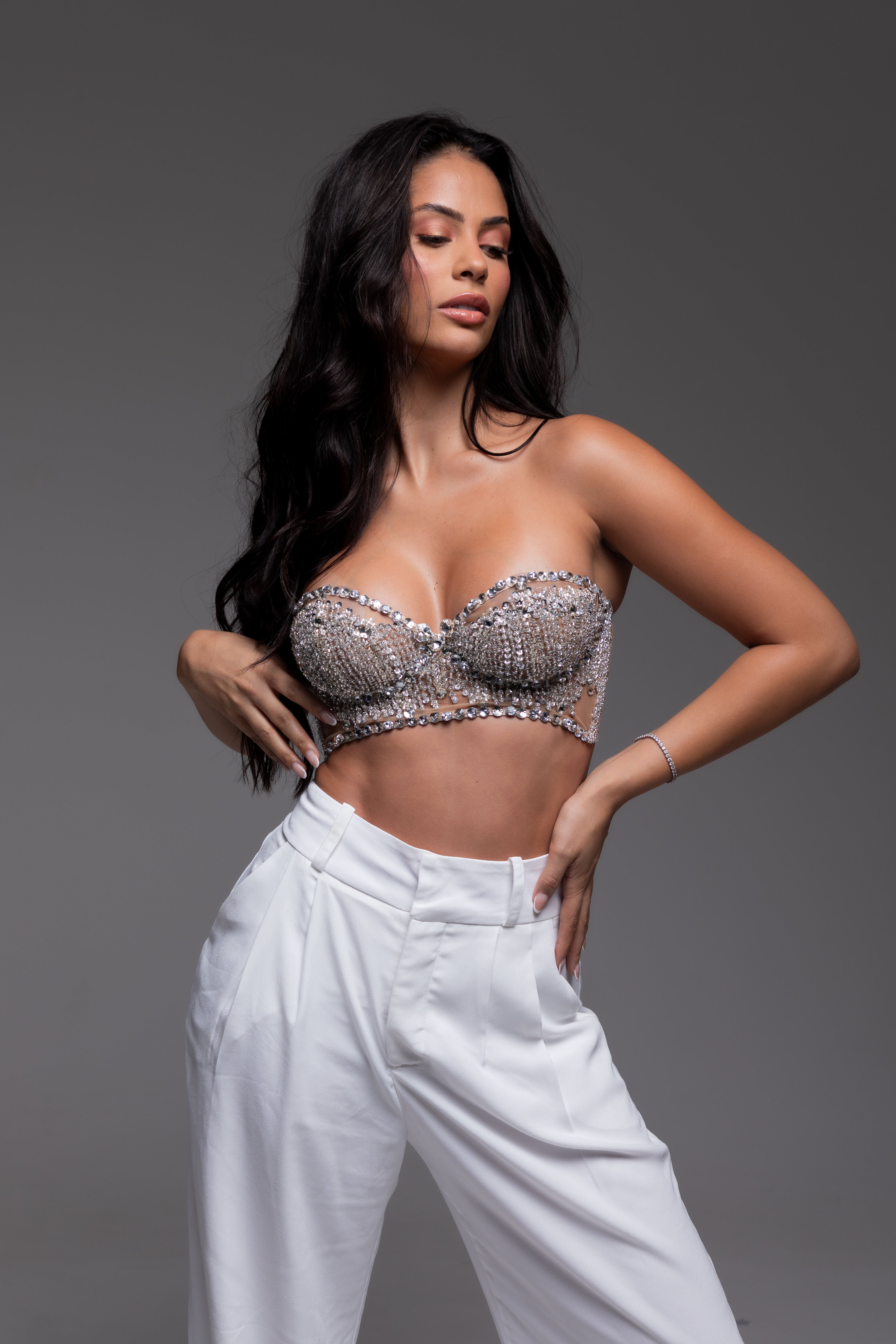 Top Tomara que Caia Stella Bordado Prata