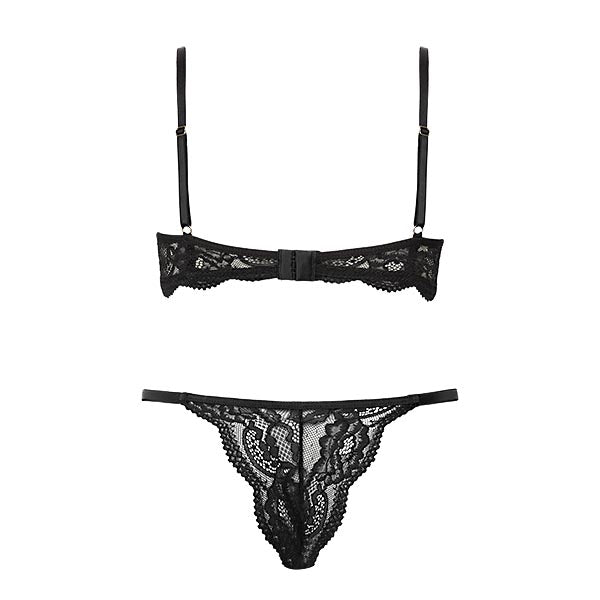 Conjunto Em Renda E Tule Bordado De Sutiã Meia-Taça Com Aro E Calcinha Fio Dental Com Regulagem Jade