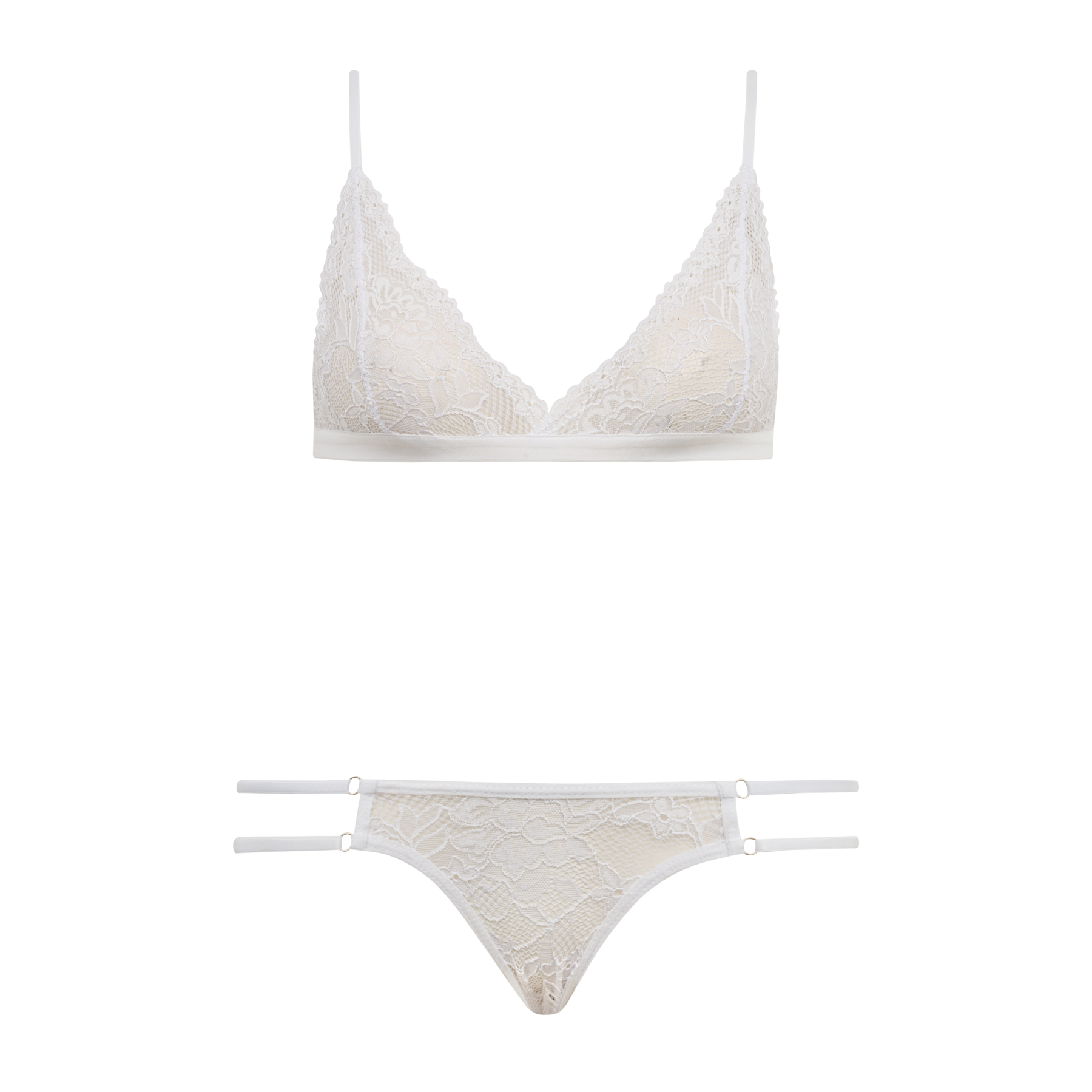 Conjunto De Sutiã Triângulo E Calcinha Fio Dental Com Regulagem Em Renda Branco Thais