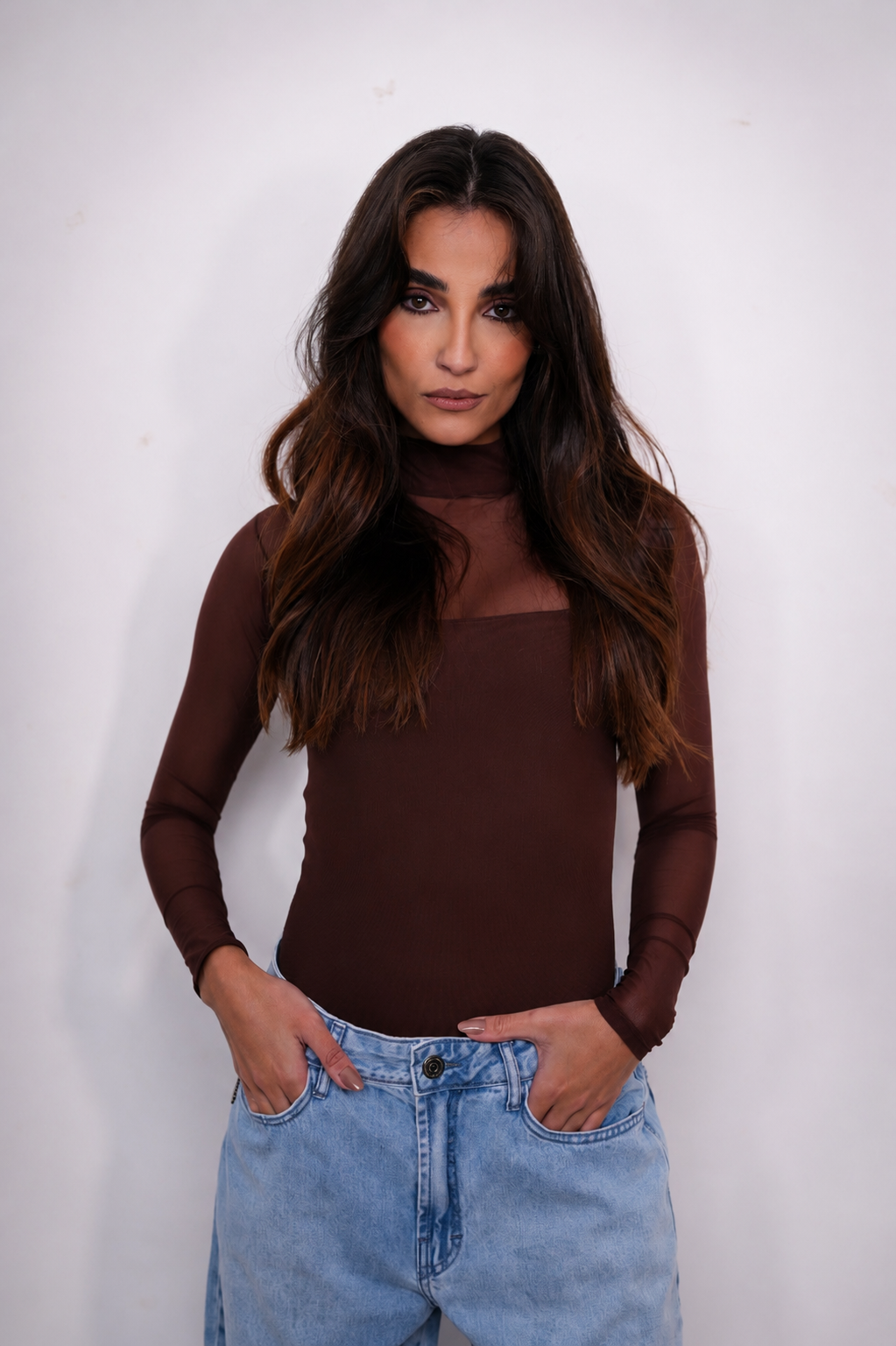 Body Noite Manga Longa Em Tule Marrom