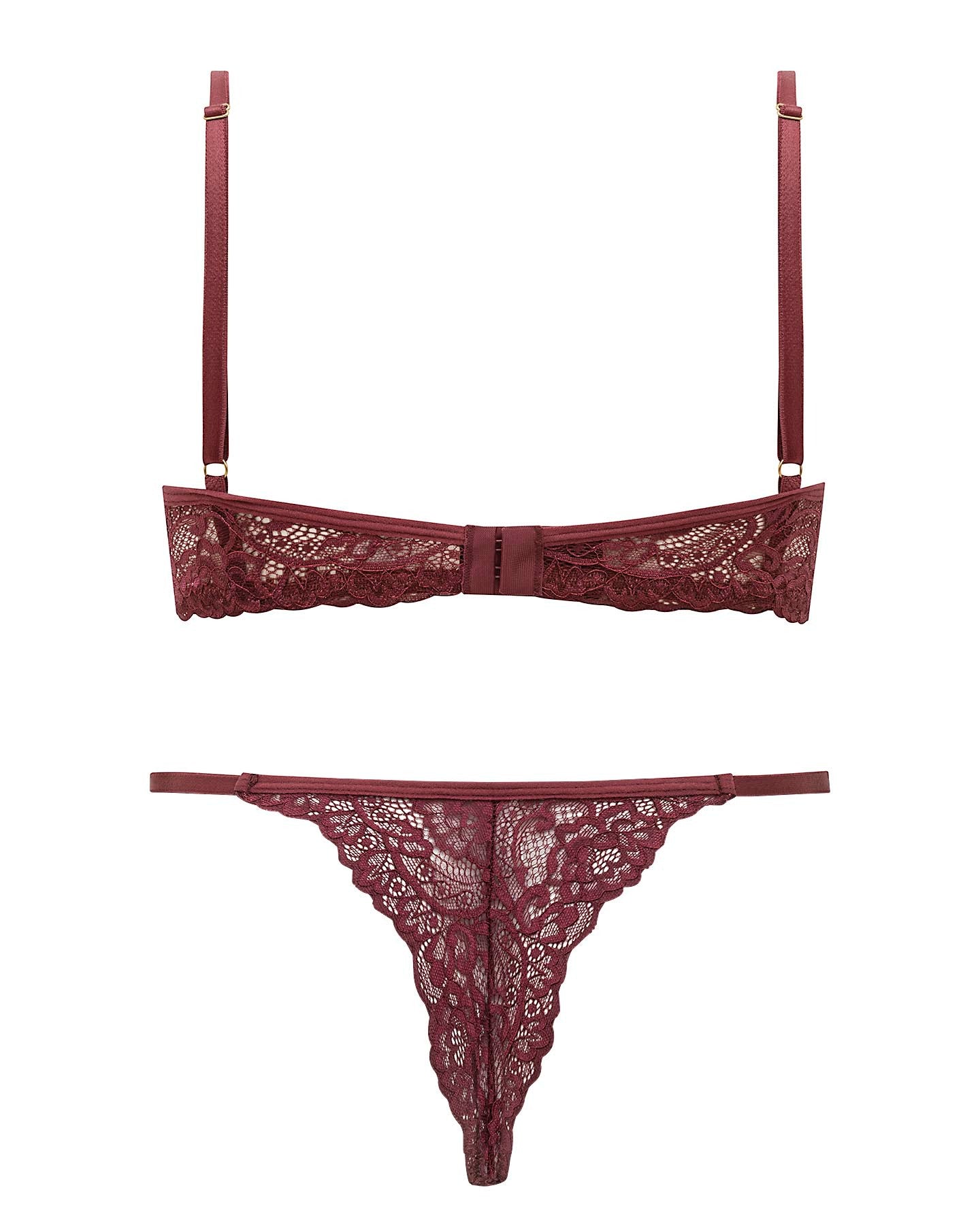 Conjunto Em Renda De Sutiã Com Aro E Calcinha Com Regulagem e Recorte Frontal Bordô Conquista