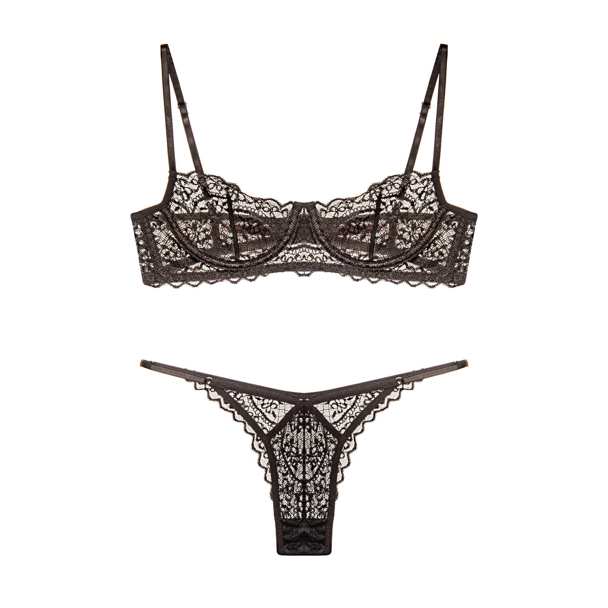 Conjunto De Sutiã Meia-taça Em Renda Com Aro E Calcinha Com regulagem Em Renda e Recorte Frontal Preto Meg