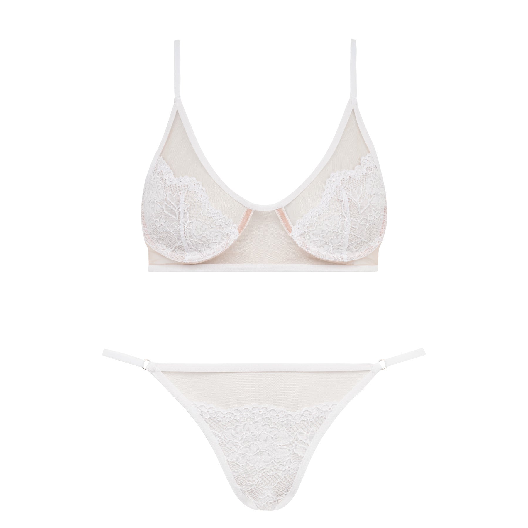 Conjunto Em Tule E Detalhes Em Renda De Sutiã Meia-Taça Com Aro E Calcinha Com regulagem Natália Branco