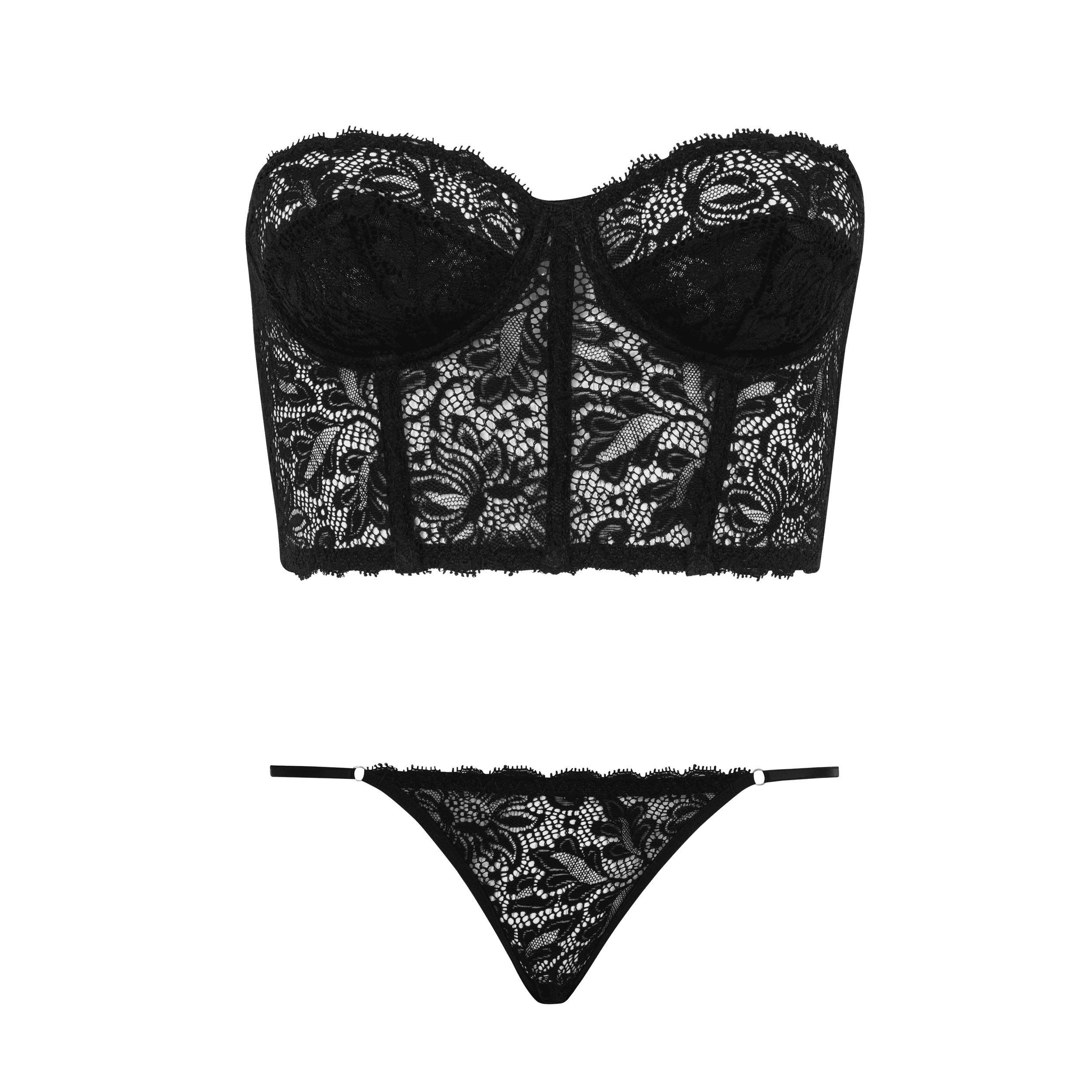 Conjunto De Corset Com aro Tomara Que Caia Em Renda E Calcinha Meio Fio Com regulagem Em Renda Preto Serenidade