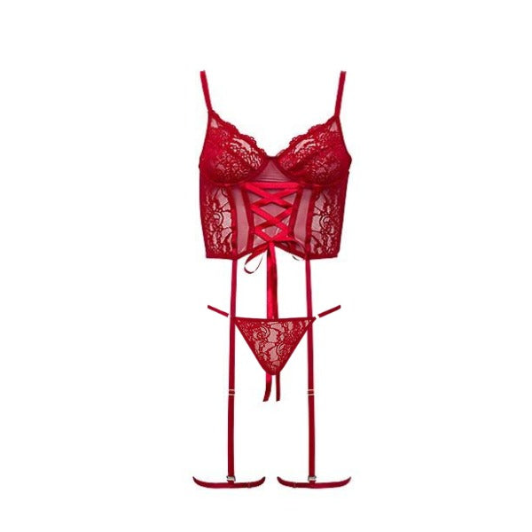 Conjunto Corset com Calcinha Fio e Cinta Liga em Renda com Tule Vermelho Delírio