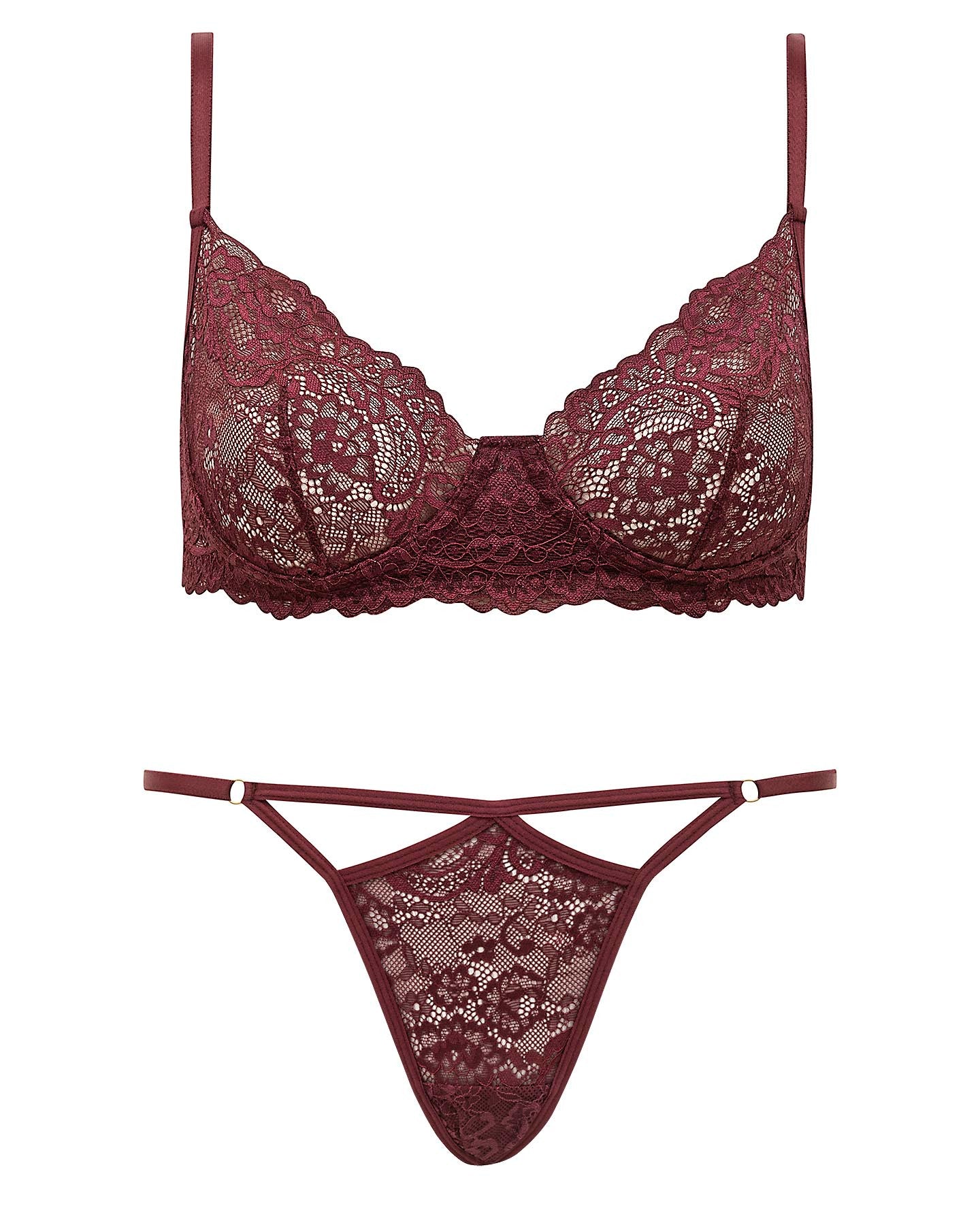 Conjunto Em Renda De Sutiã Com Aro E Calcinha Com Regulagem e Recorte Frontal Bordô Conquista