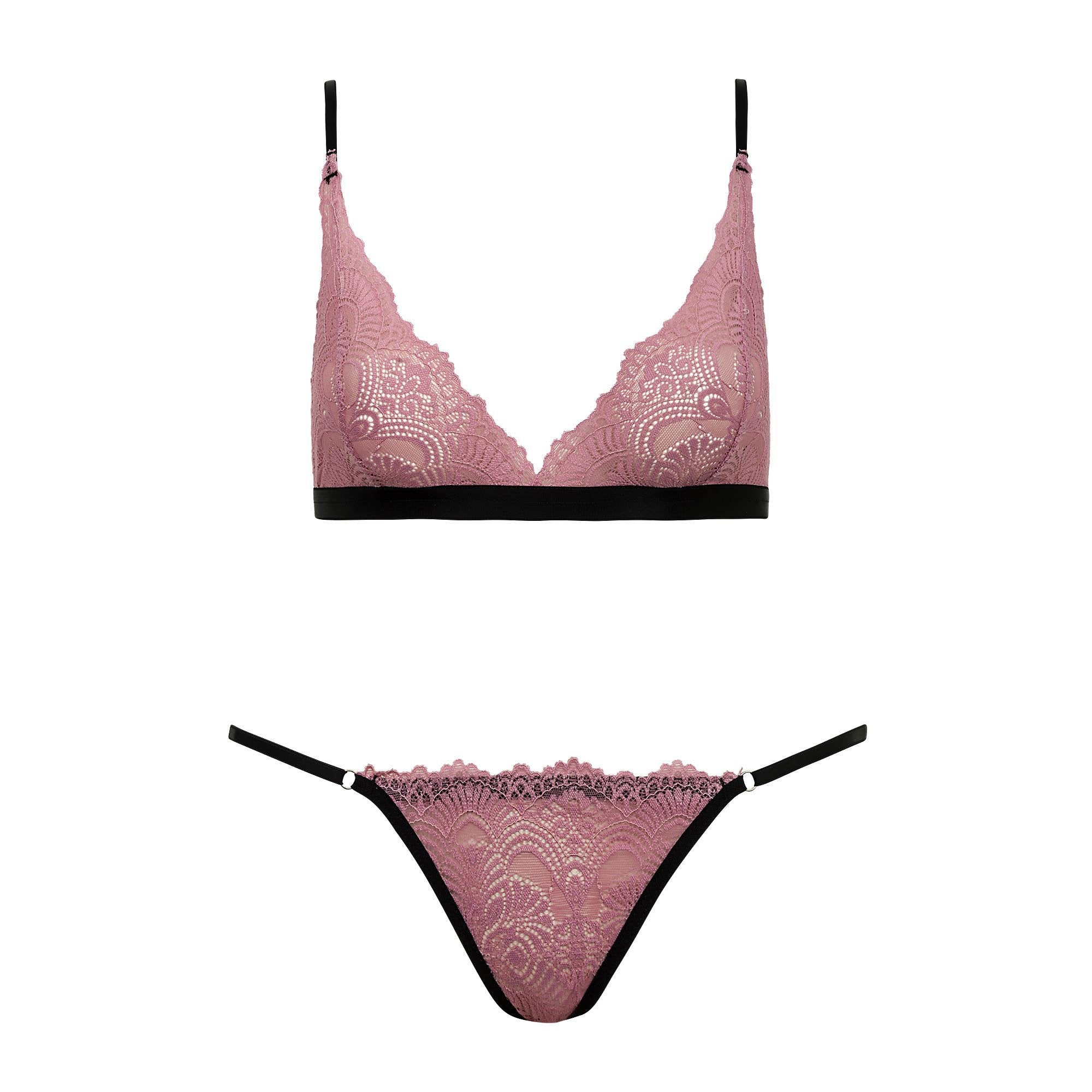 Conjunto De Sutiã Top Triângulo E Calcinha Com Regulagem Em Renda Rosa Seco E Detalhes Preto Luana