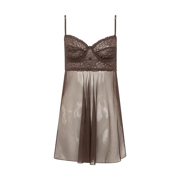 Camisola Em Renda E Tule Com Calcinha Fio Duplo Duna Marrom Espresso