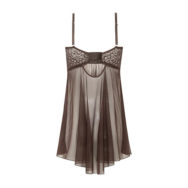 Camisola Em Renda E Tule Com Calcinha Fio Duplo Duna Marrom Espresso