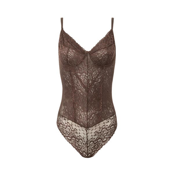 Body Em Tule Com Renda Cacau Marrom Espresso