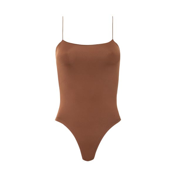 Body Alças Finas Decote Reto Microfibra Marrom