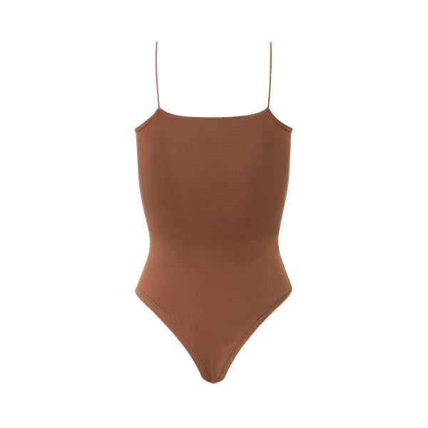 Body Alças Finas Decote Reto Microfibra Marrom