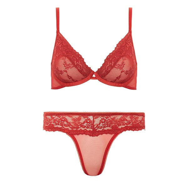 Conjunto Em Renda E Tule De Sutiã Com Aro E Calcinha Fio Dental Frida Vermelho