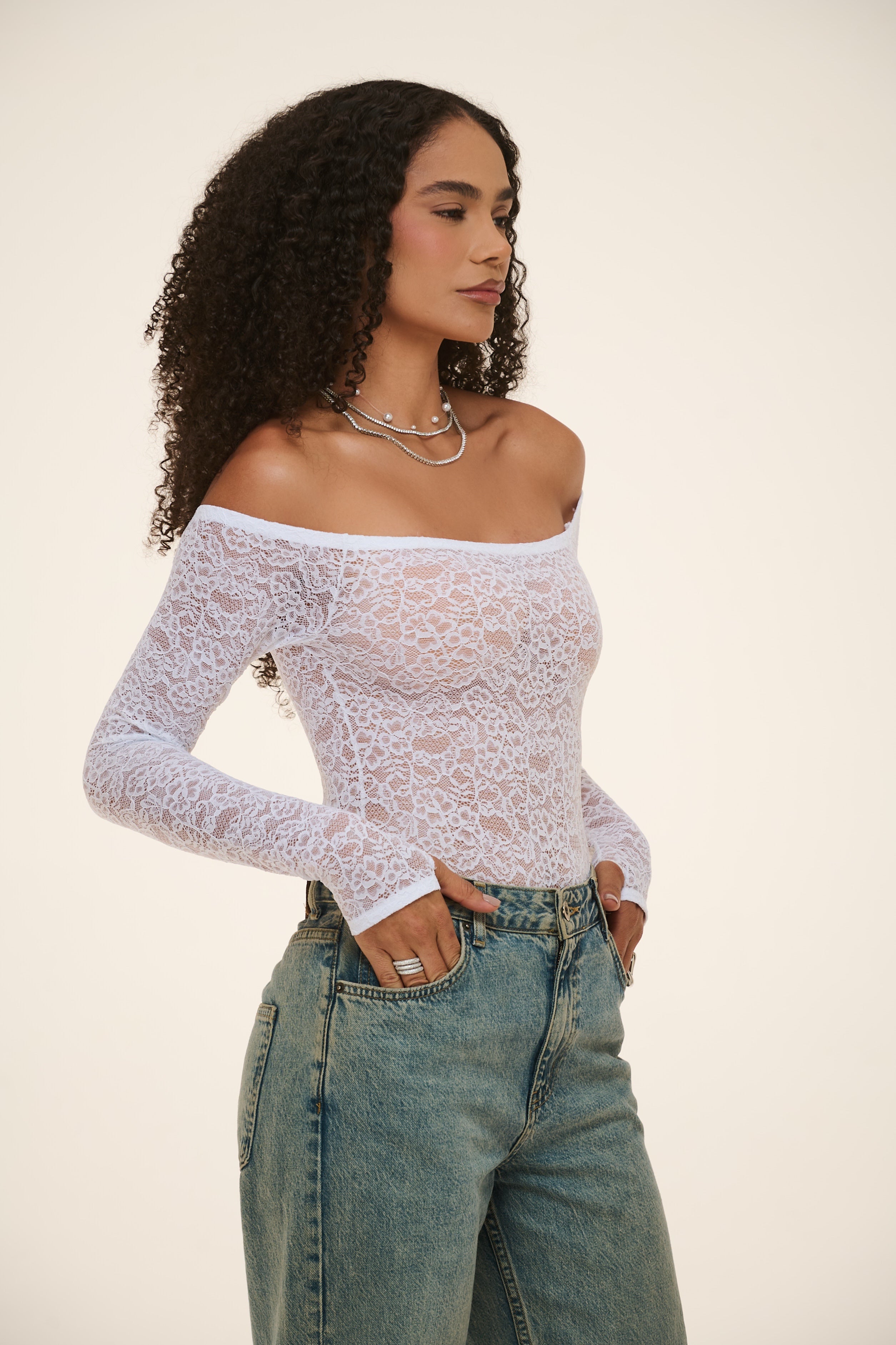 Body Presença Manga Longa Em Renda Branco