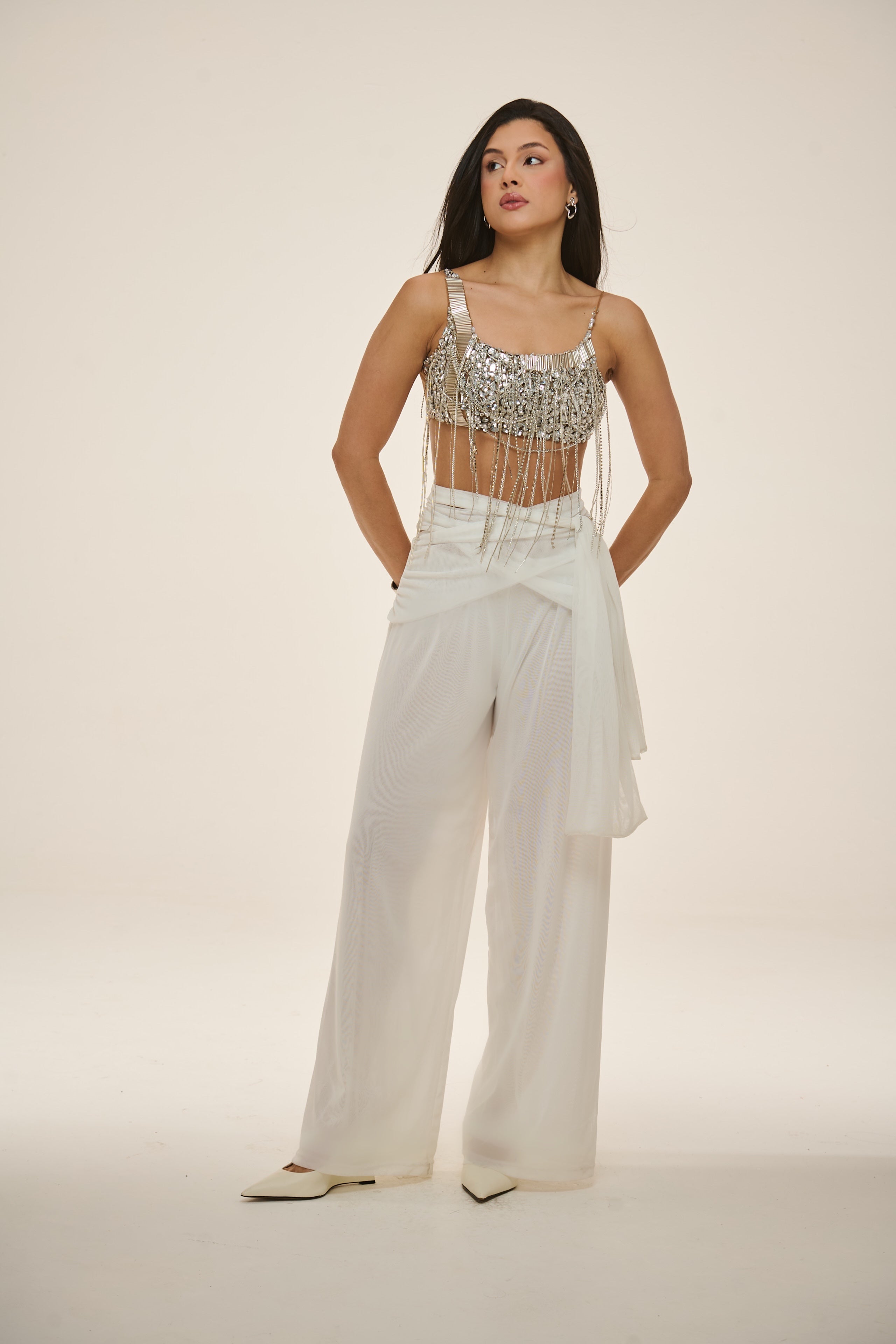 Calça Fluir em Tule com Amarrações Laterais Off White