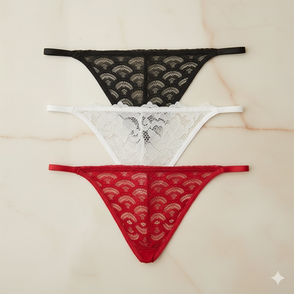 Kit 3 Calcinhas Regulagem Em Renda Preto, Branco e Vermelho