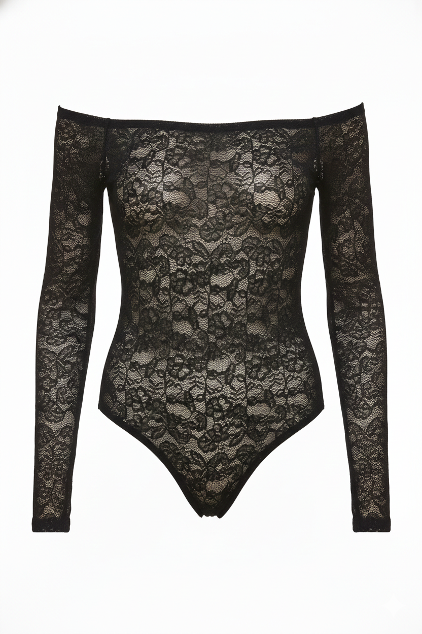 Body Presença Manga Longa Em Renda Preto