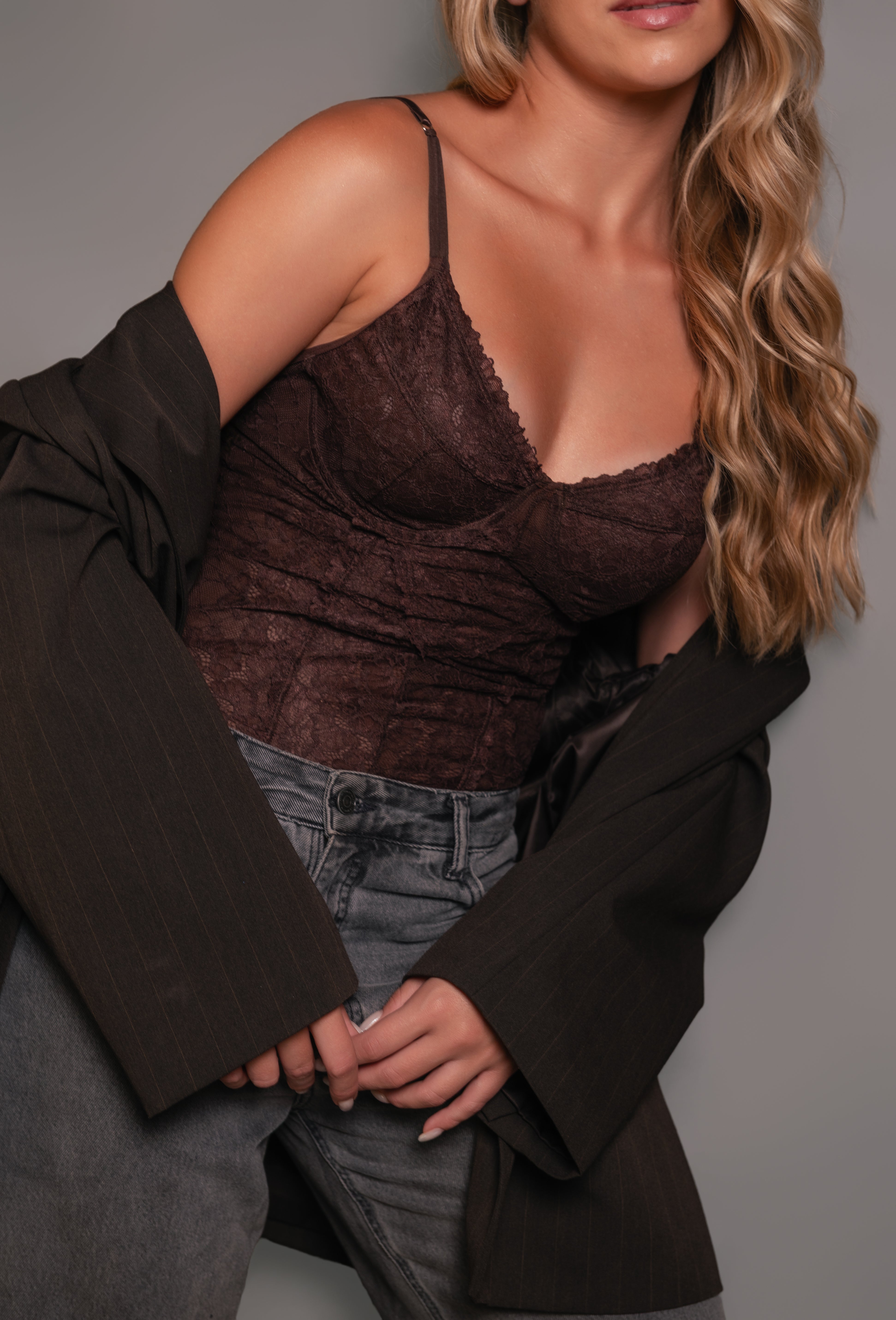 Body Em Tule Com Renda Cacau Marrom Espresso