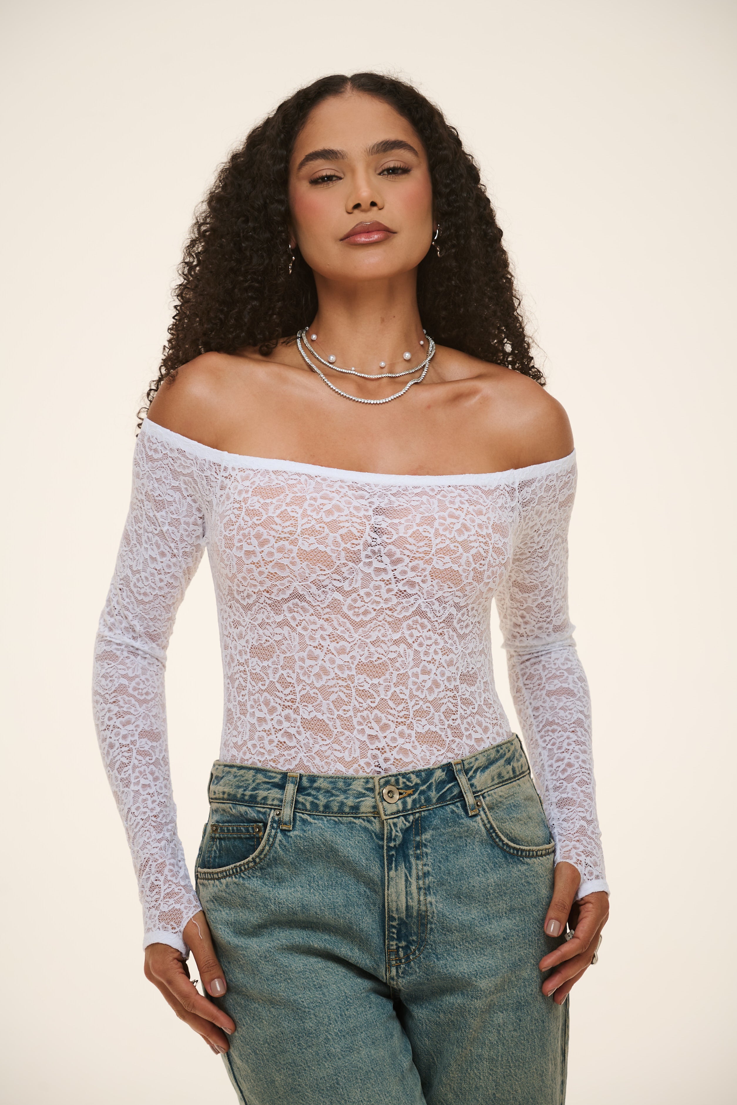 Body Presença Manga Longa Em Renda Branco