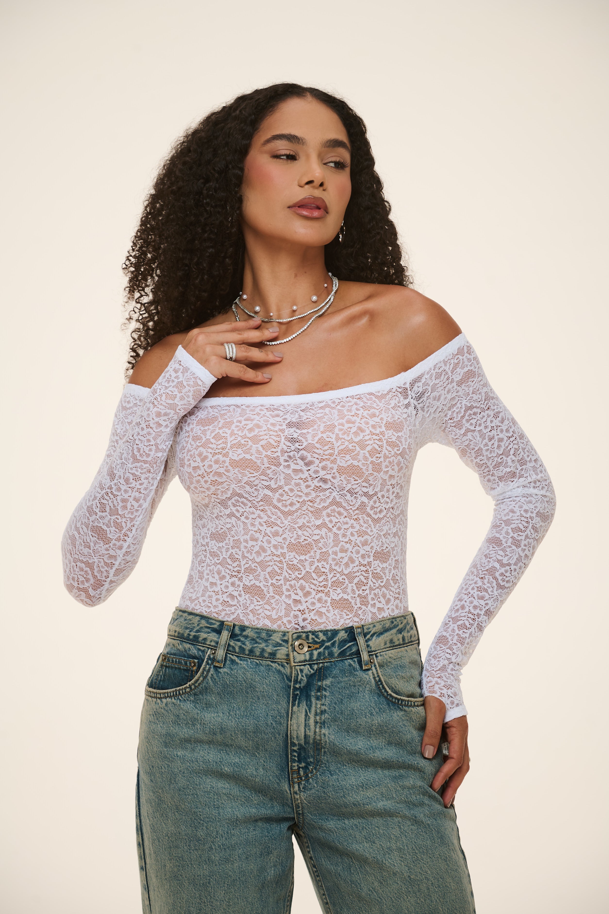 Body Presença Manga Longa Em Renda Branco