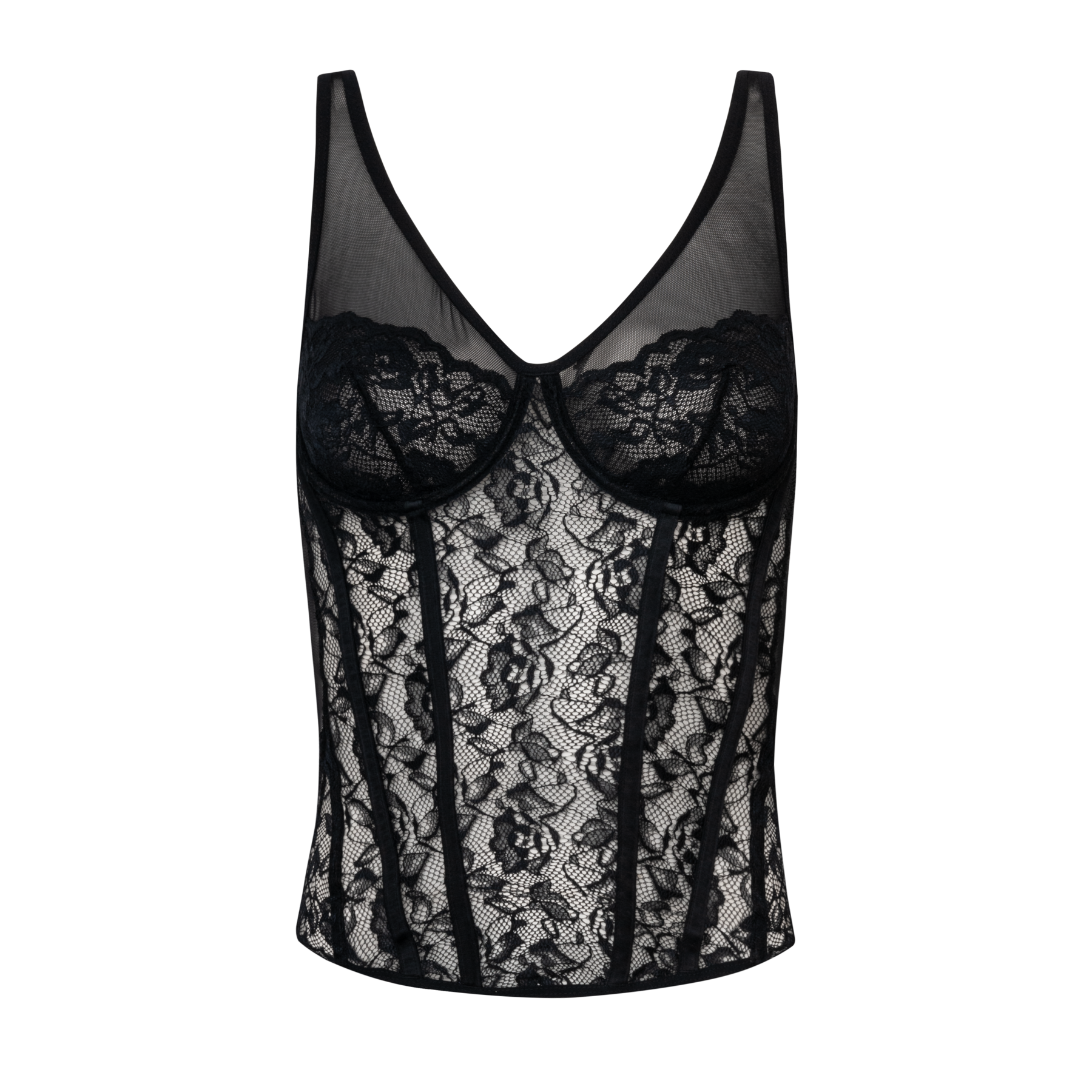 Corselet Em Renda E Tule Com Aro E Barbatanas Preto Valentine