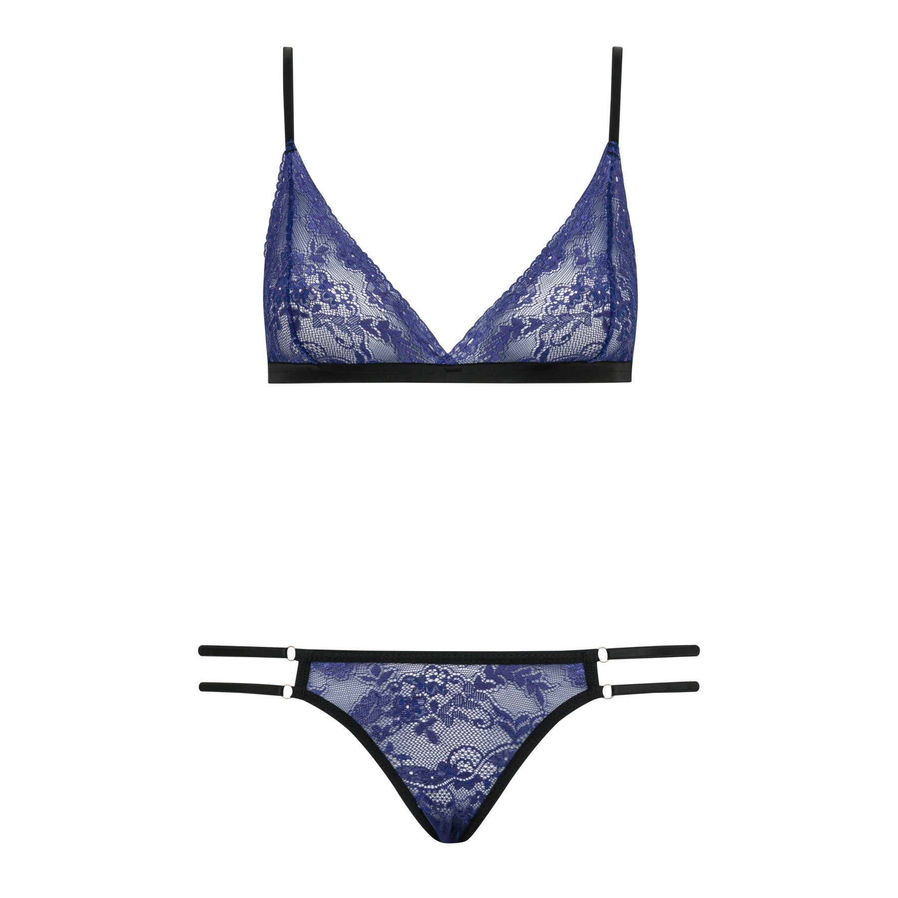 Conjunto De Sutiã Triângulo E Calcinha Fio Dental Com Regulagem Em Renda Azul Thais