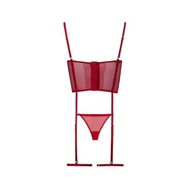 Conjunto Corset com Calcinha Fio e Cinta Liga em Renda com Tule Vermelho Delírio