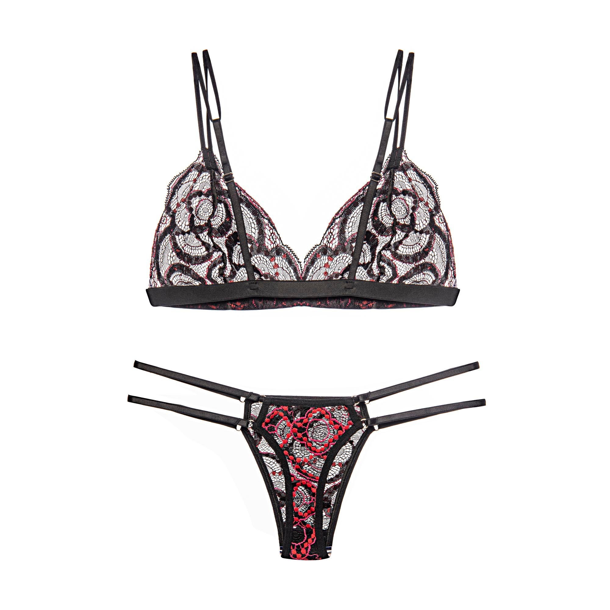 Conjunto Em Renda De Sutiã Top Triângulo E Calcinha Fio Dental Com Regulagem Dupla Tricolor Sem Aro