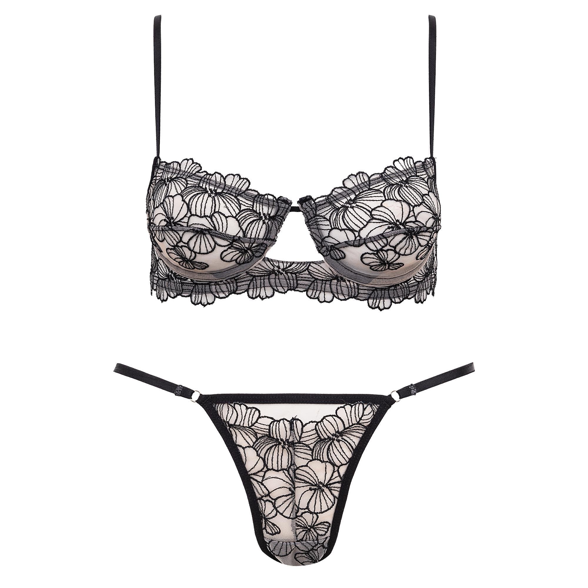Conjunto De Sutiã Meia-Taça Em Tule Bordado Com Aro E Calcinha Fio Dental Com regulagem E Recorte Frontal Preto Marina