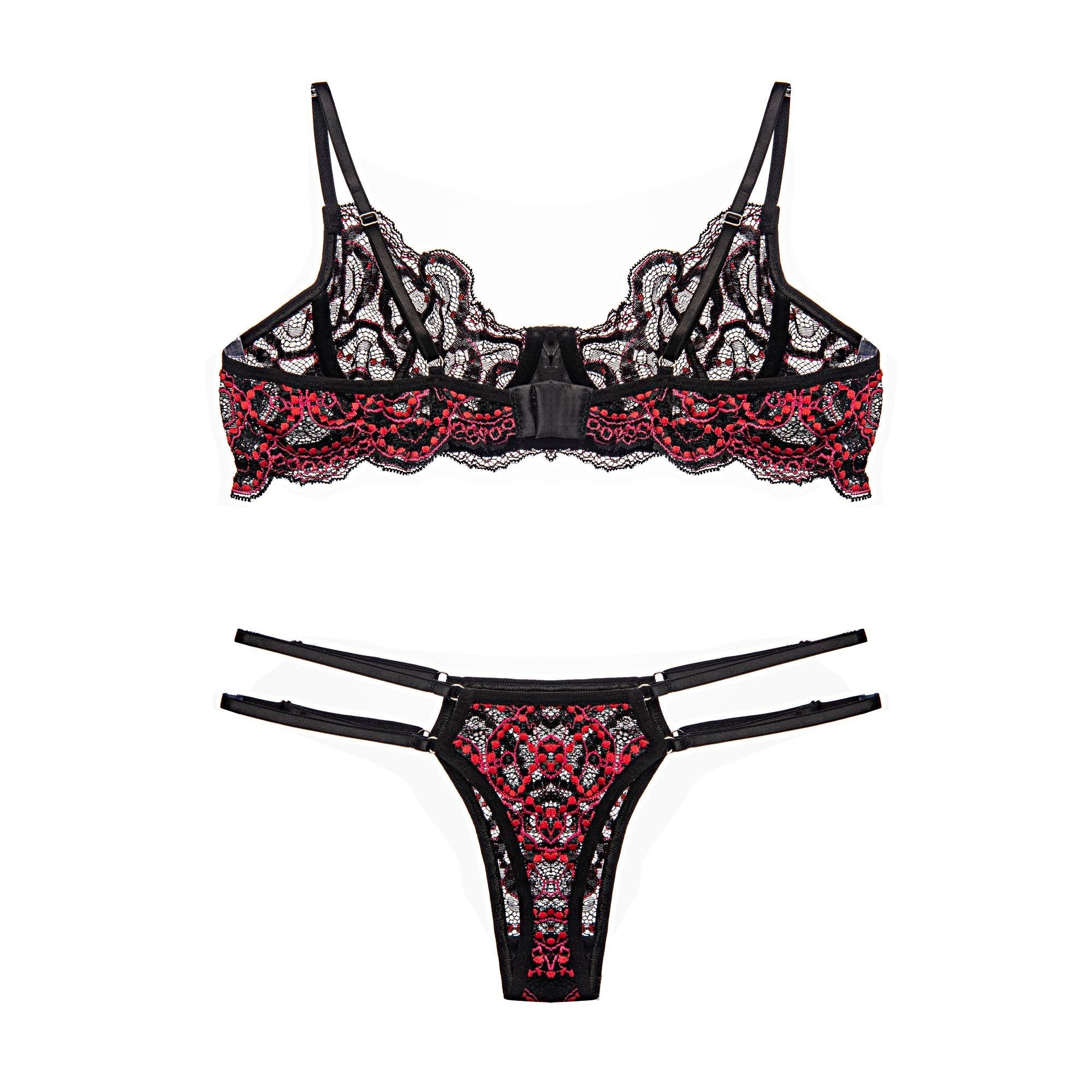 Conjunto Em Renda De Sutiã Meia-Taça E Calcinha Fio Dental Com Regulagem Dupla Tricolor Com Aro
