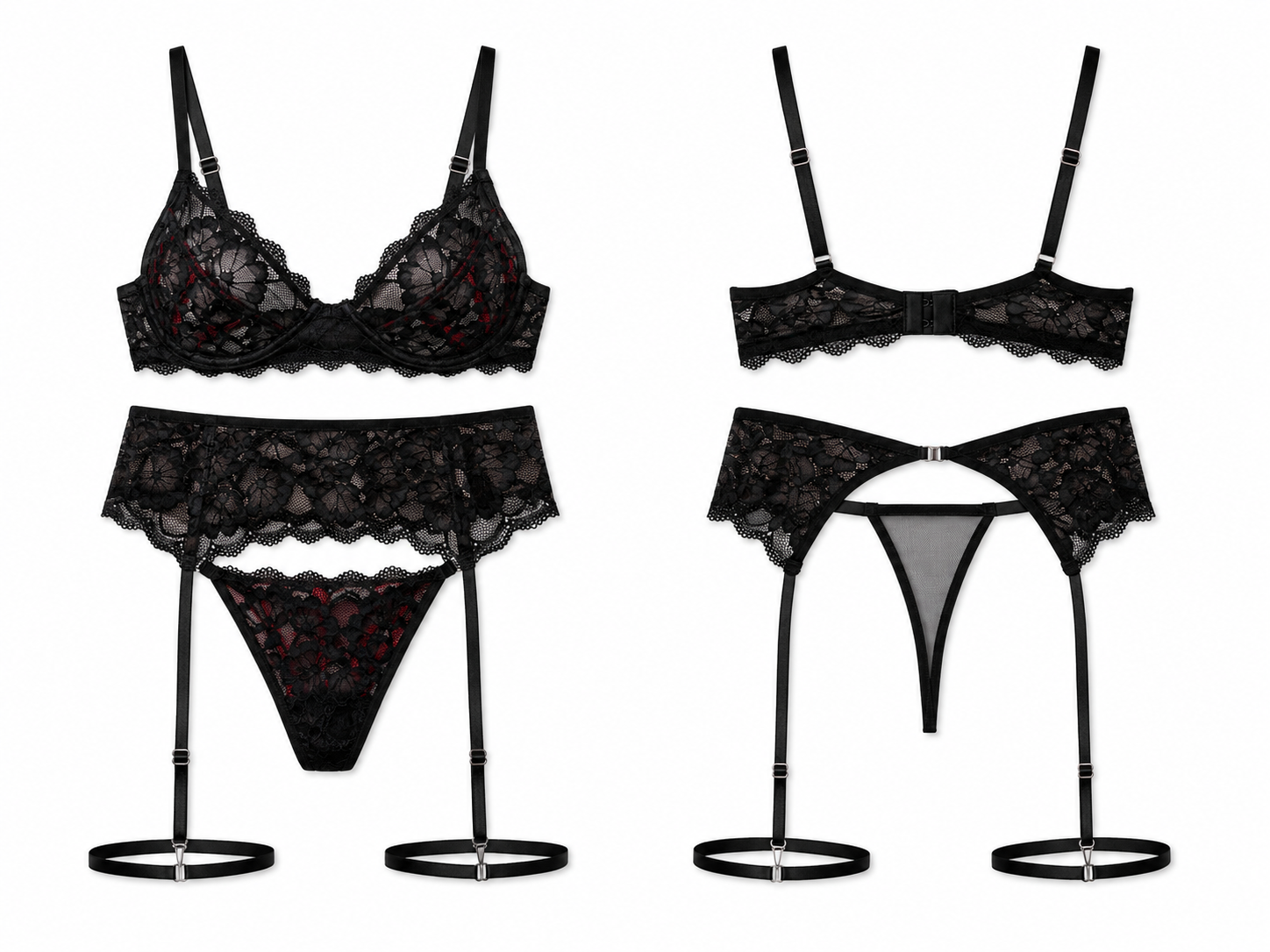 Conjunto Preto com Aro, Cinta Liga e Calcinha Fio Dental em Viés Vermelho Giovanna