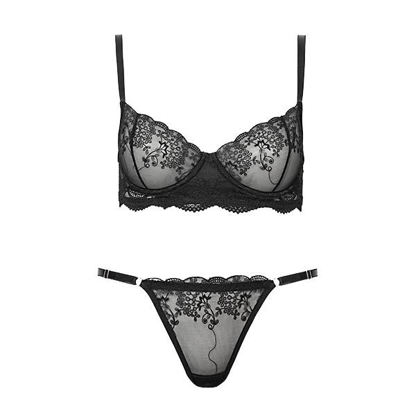 Conjunto Em Renda E Tule Bordado De Sutiã Meia-Taça Com Aro E Calcinha Fio Dental Com Regulagem Jade