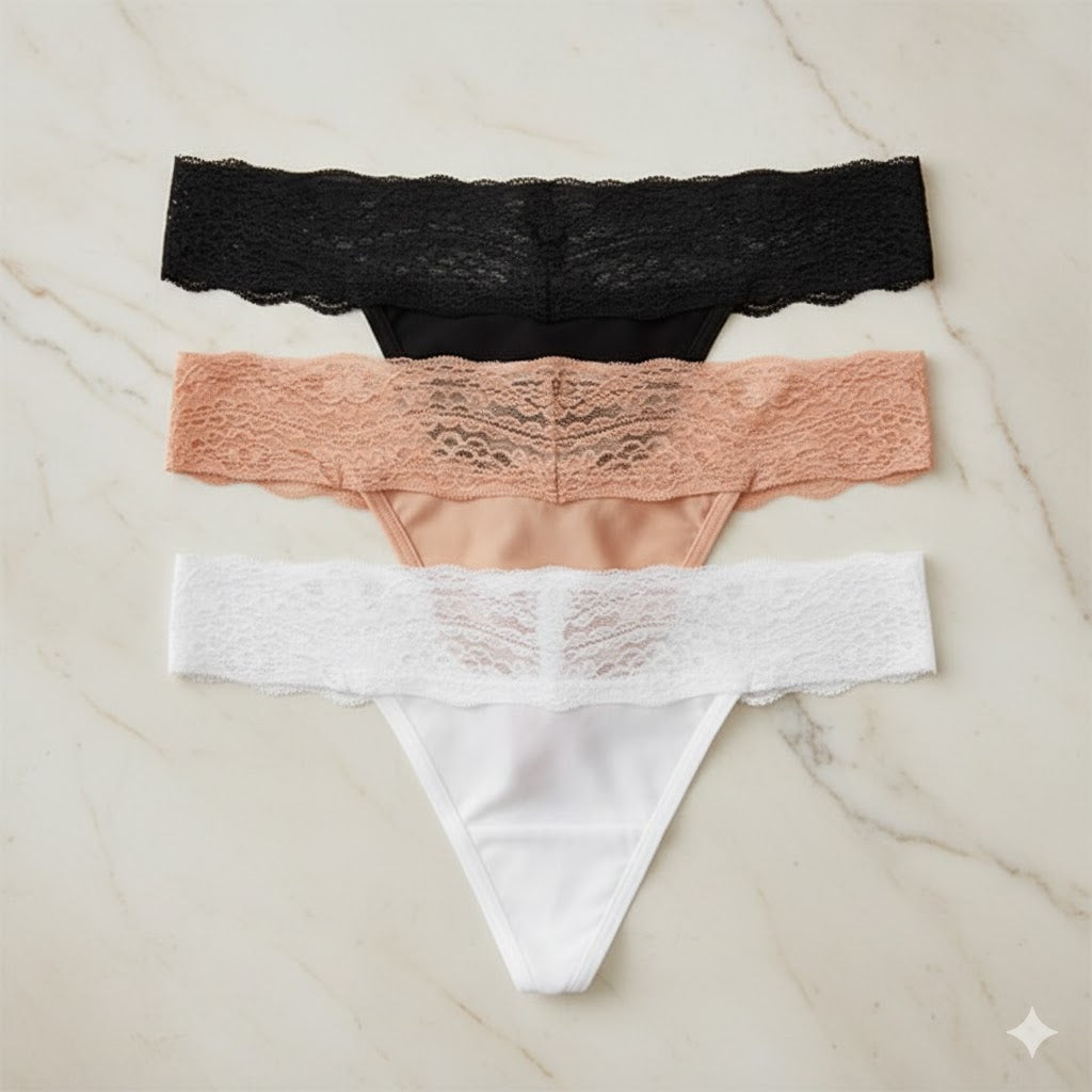 Kit 3 Calcinhas Tradicional Em Renda Preto, Branco e Rosa