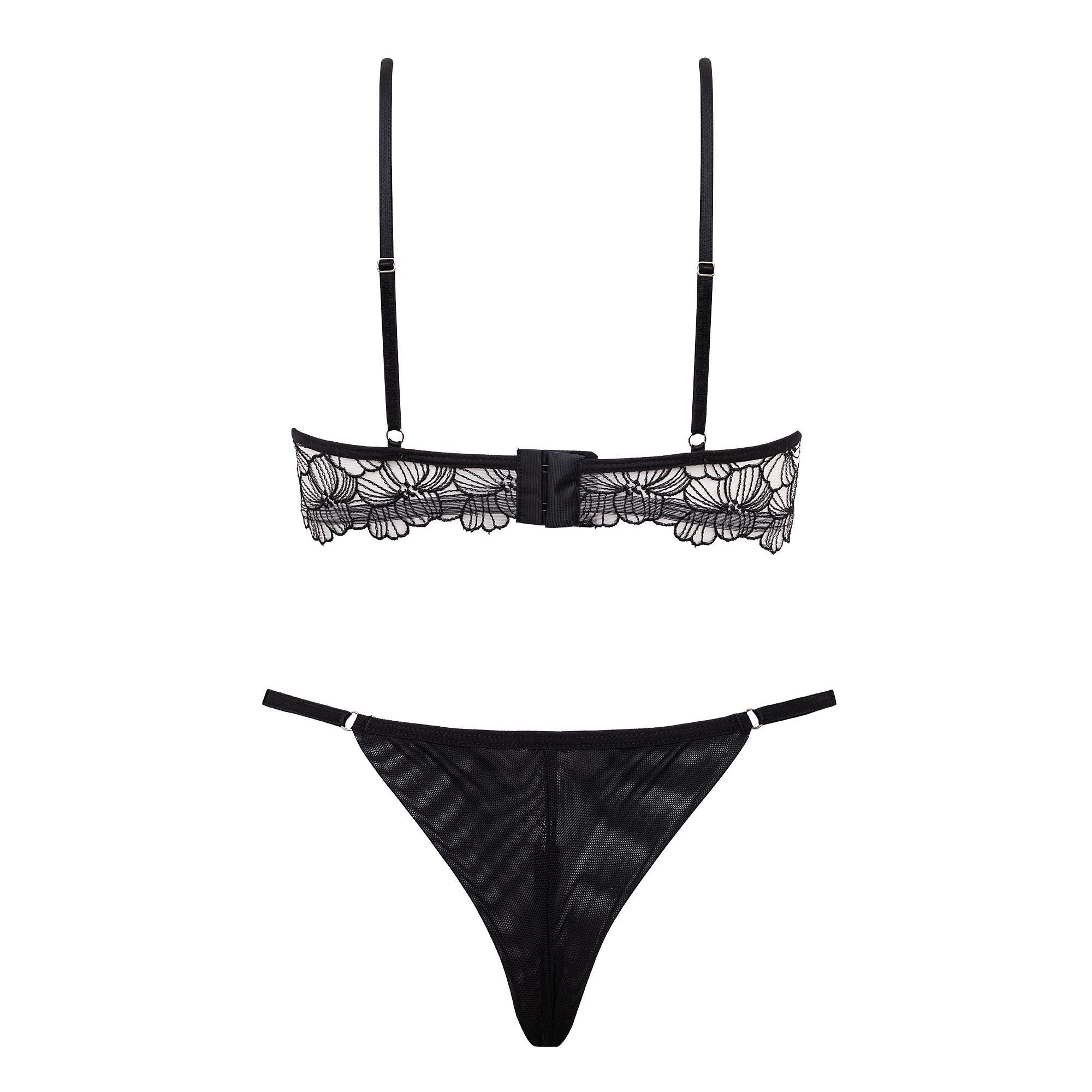 Conjunto De Sutiã Meia-Taça Em Tule Bordado Com Aro E Calcinha Fio Dental  Com regulagem E Recorte Frontal Preto Marina