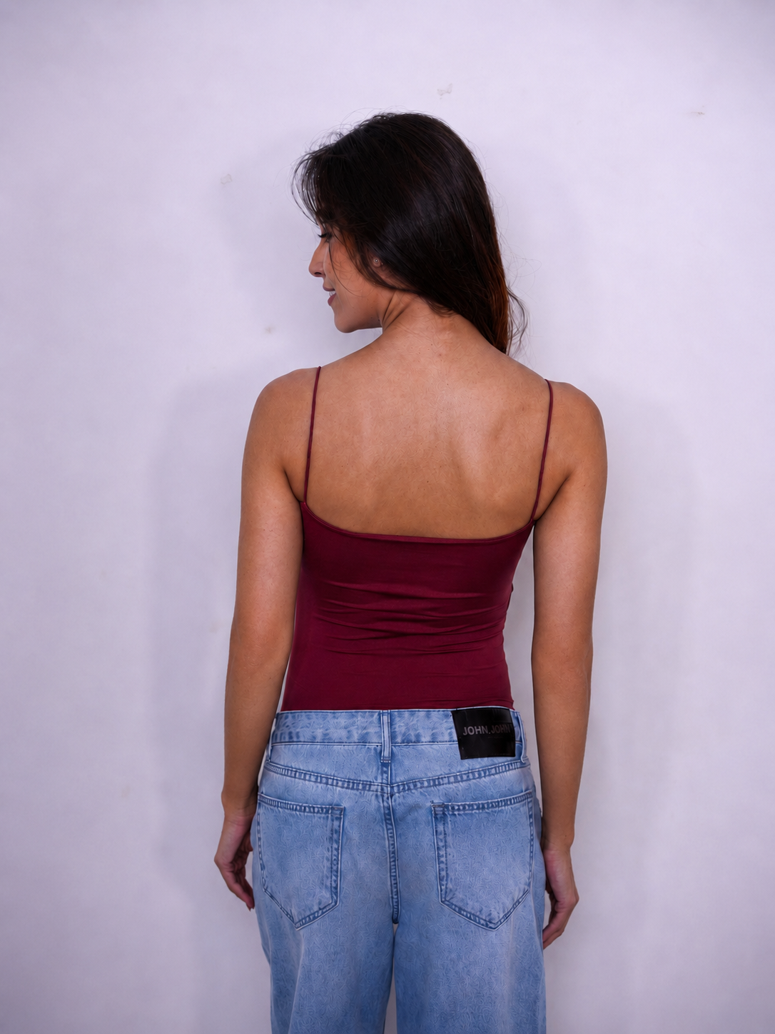 Body Alças Finas Decote Reto Microfibra Bordô