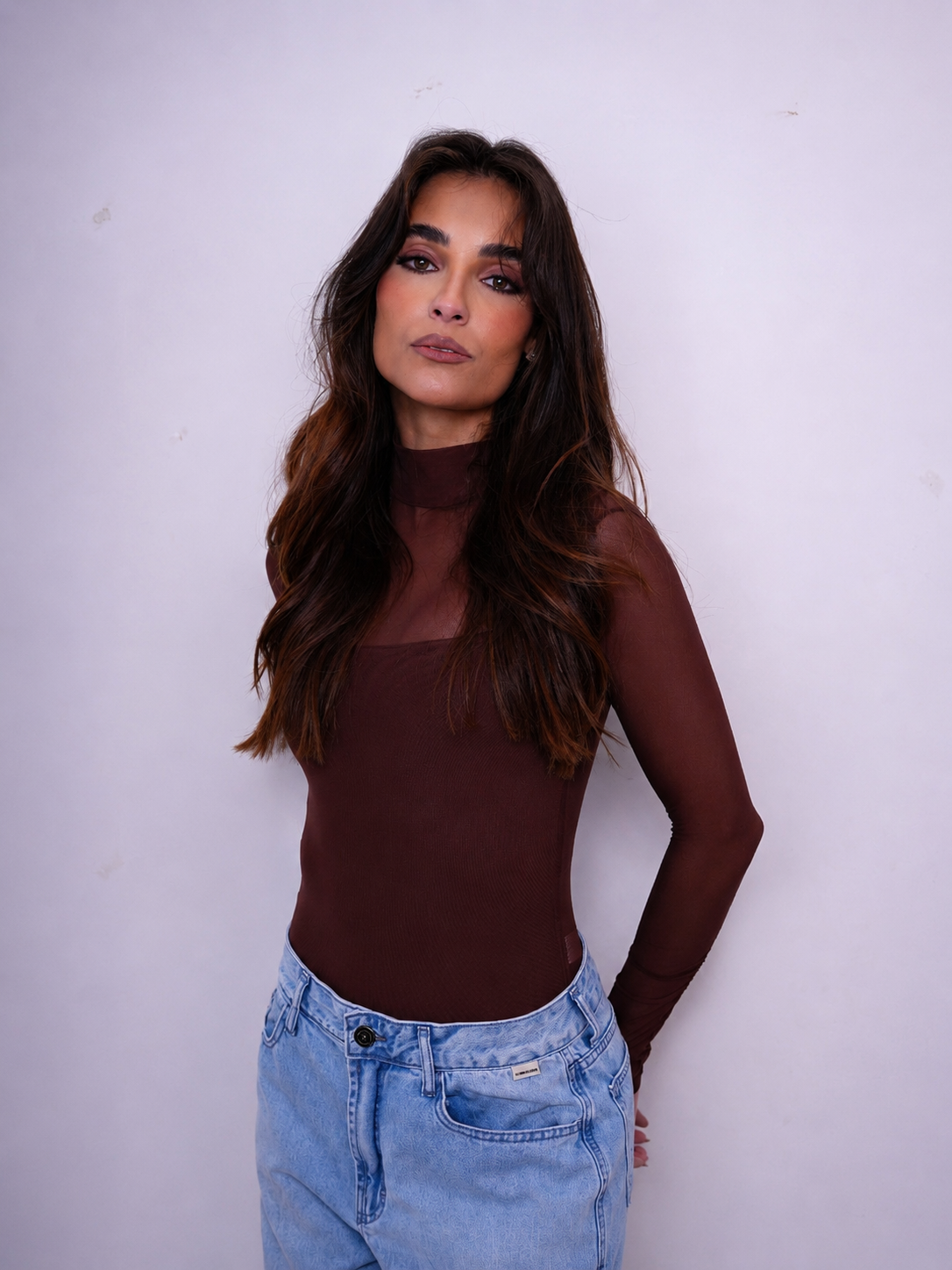 Body Noite Manga Longa Em Tule Marrom