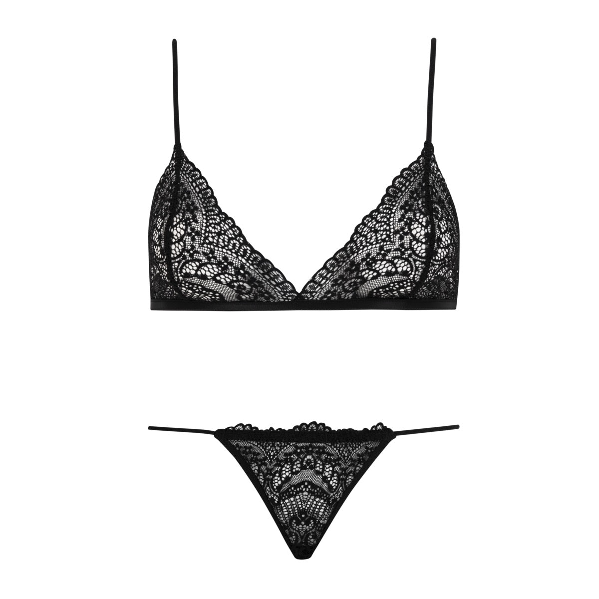 Conjunto De Sutiã Top Triângulo Em Renda E Calcinha  Fio Dental Em Renda Preto Beatriz
