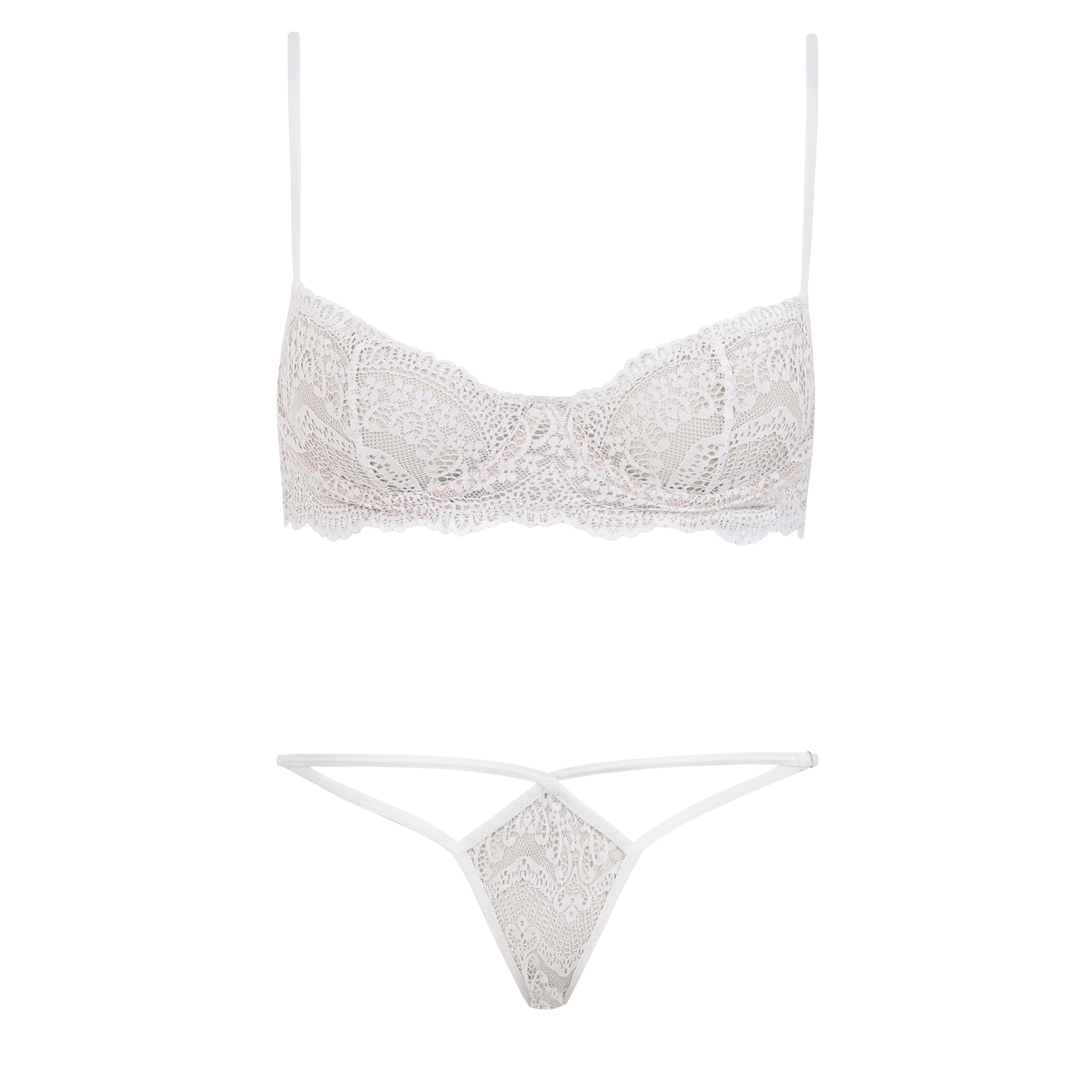 Conjunto De Sutiã Meia-taça Em Renda Com Aro E Calcinha  Com regulagem Em Renda e Recorte Frontal  Branco Meg
