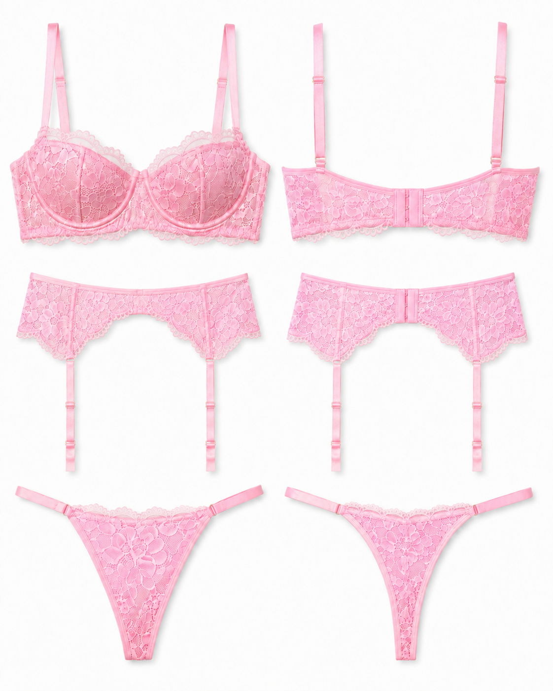 Conjunto Em Renda Com Aro, Cinta Liga e Calcinha Fio Dental Ana Clara Rosa