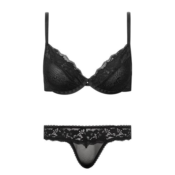 Conjunto Em Renda E Tule De Sutiã Com Aro E Calcinha Fio Dental Frida Preto