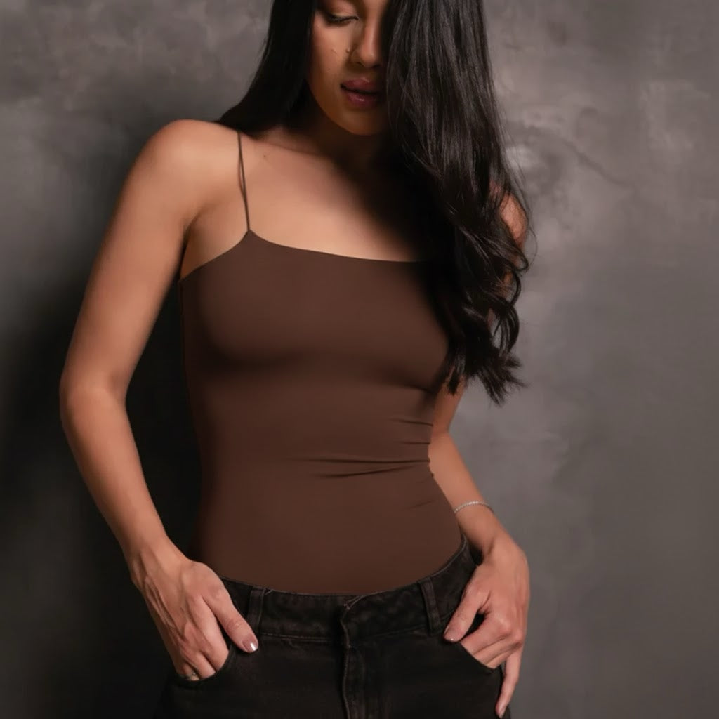 Body Alças Finas Decote Reto Microfibra Marrom