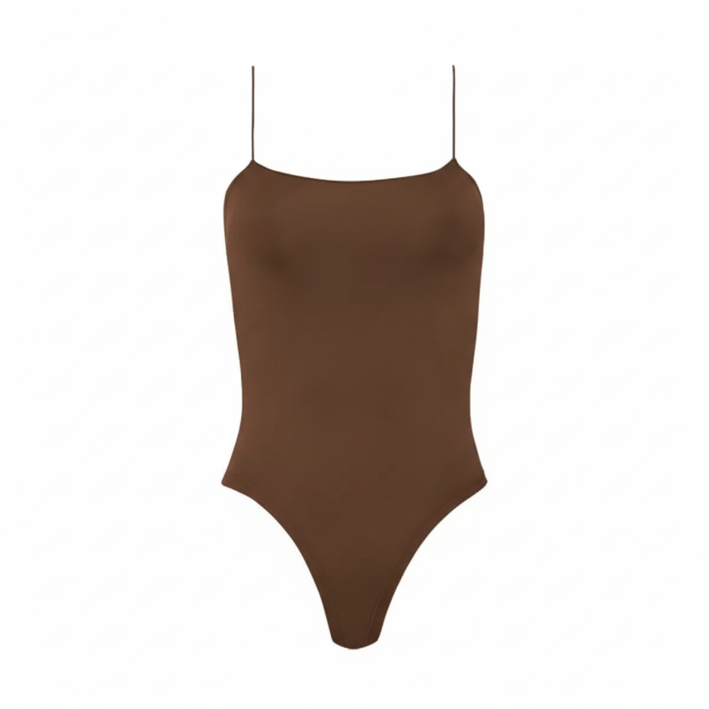 Body Alças Finas Decote Reto Microfibra Marrom