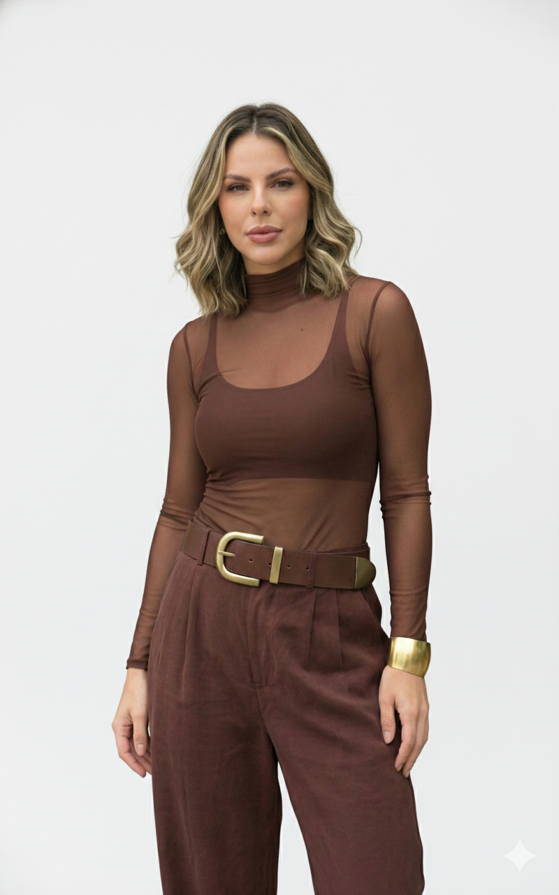 Body Noite Manga Longa Em Tule Marrom