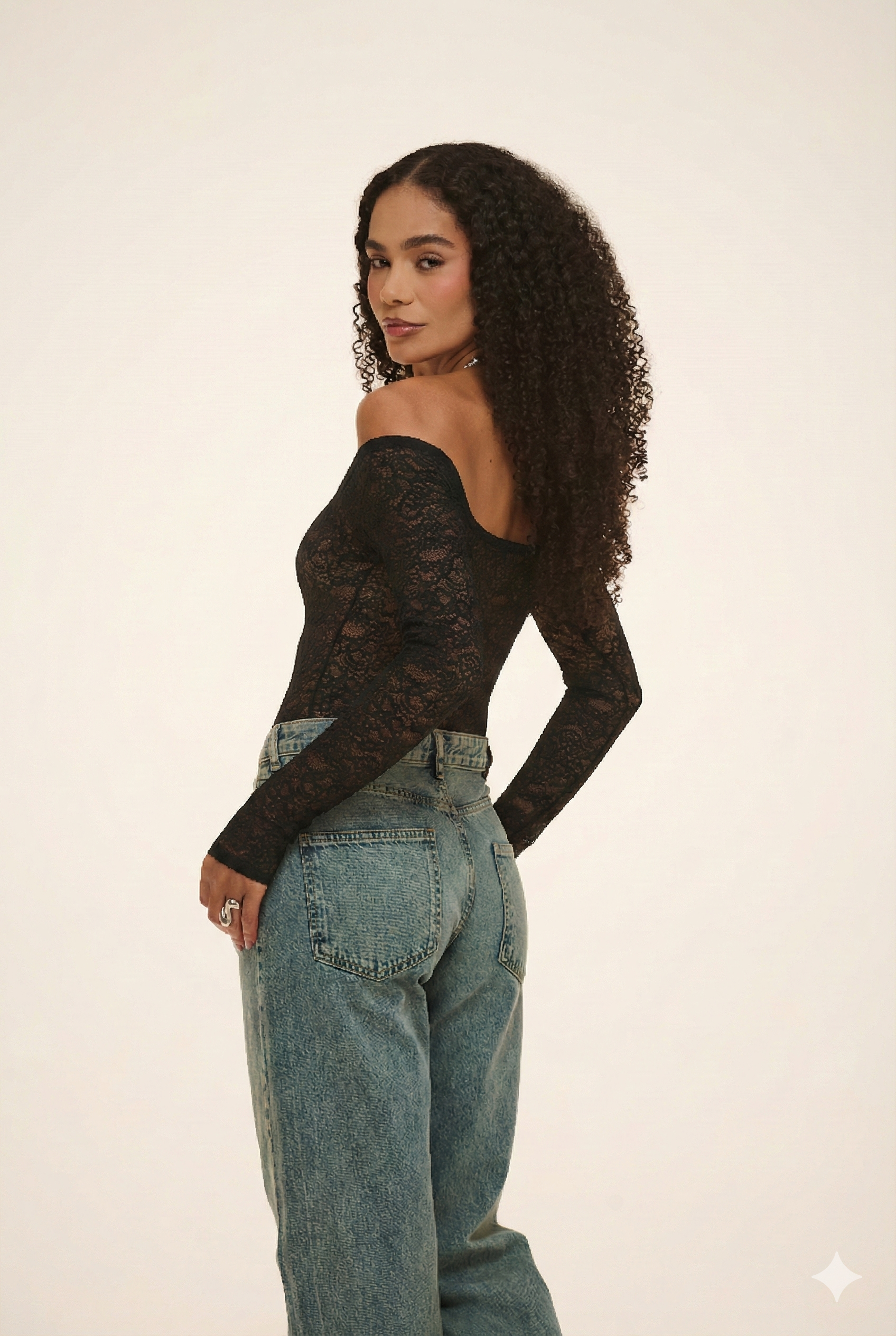 Body Presença Manga Longa Em Renda Preto