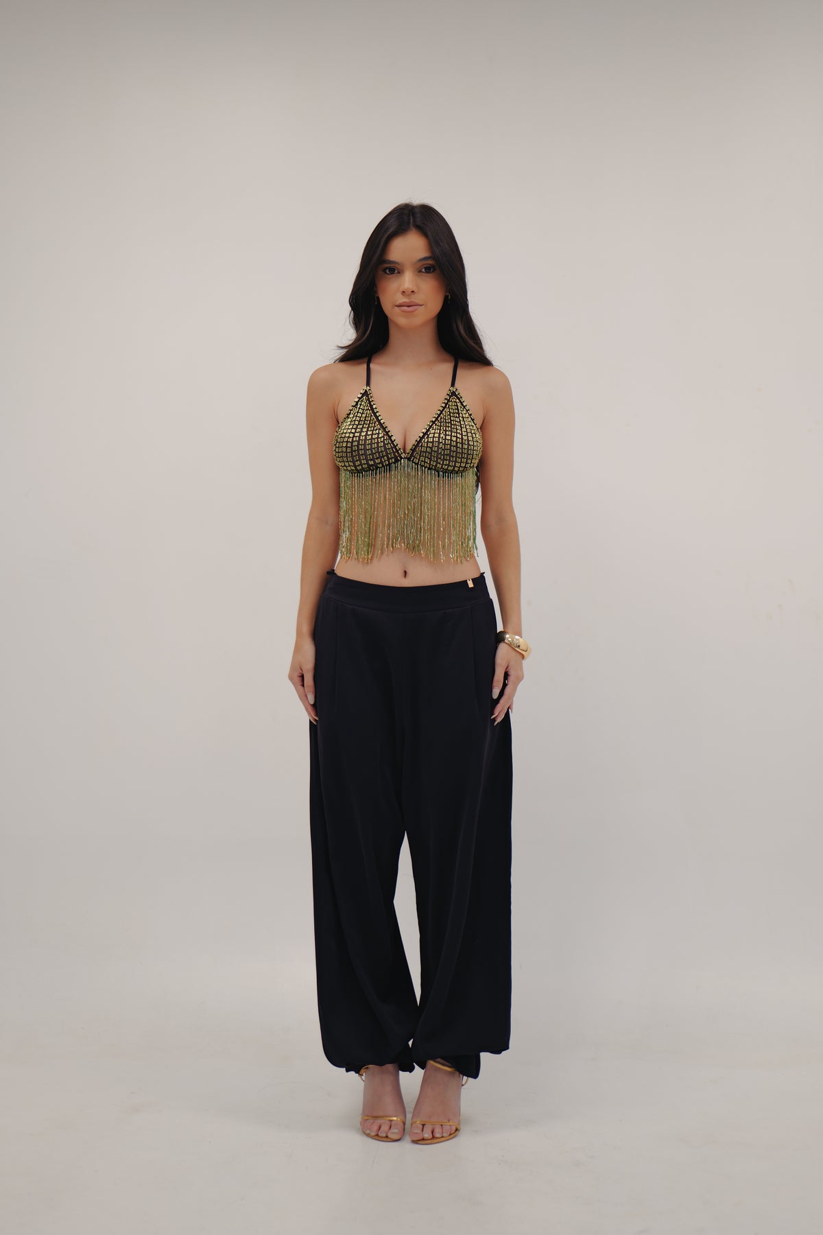 Top Triangulo Preto Franjas Ginga Bordado