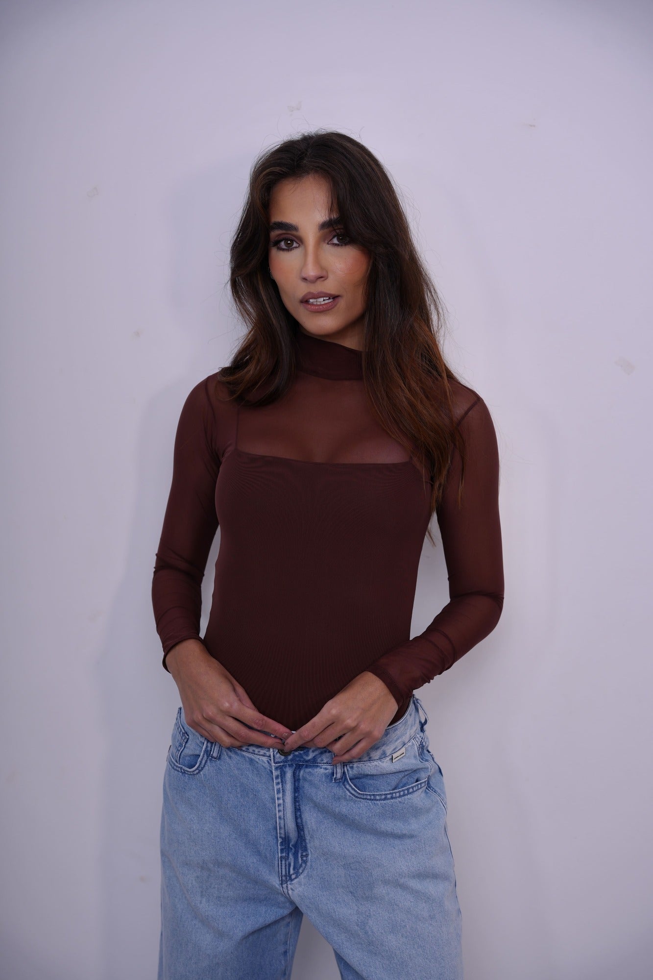 Body Noite Manga Longa Em Tule Marrom