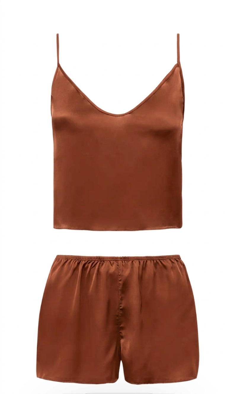 Shortdoll Alças Finas Em Cetim De Seda Com Amarração Essencial Marrom