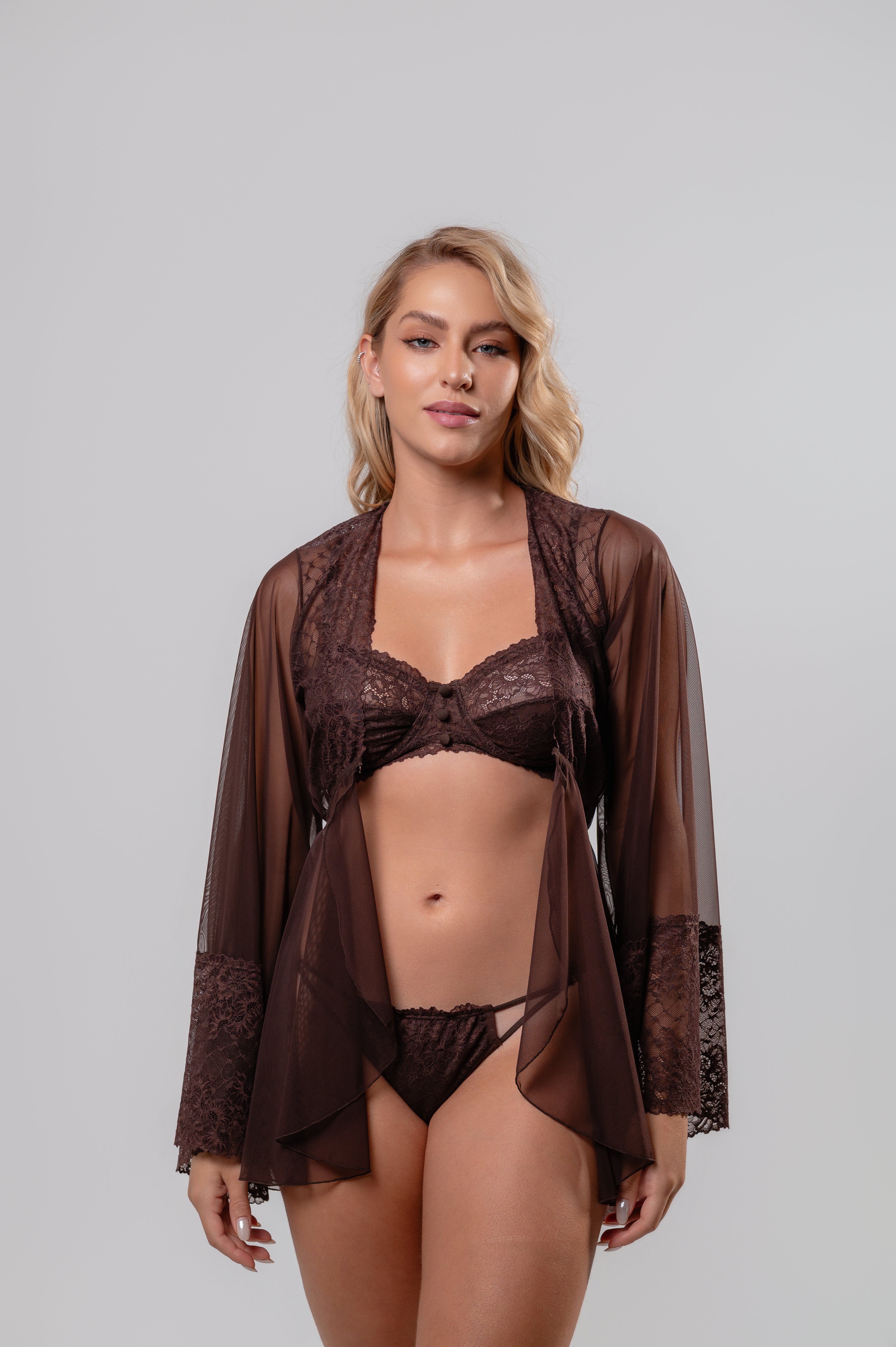 Robe Em Tule E Renda Áurea Marrom Espresso