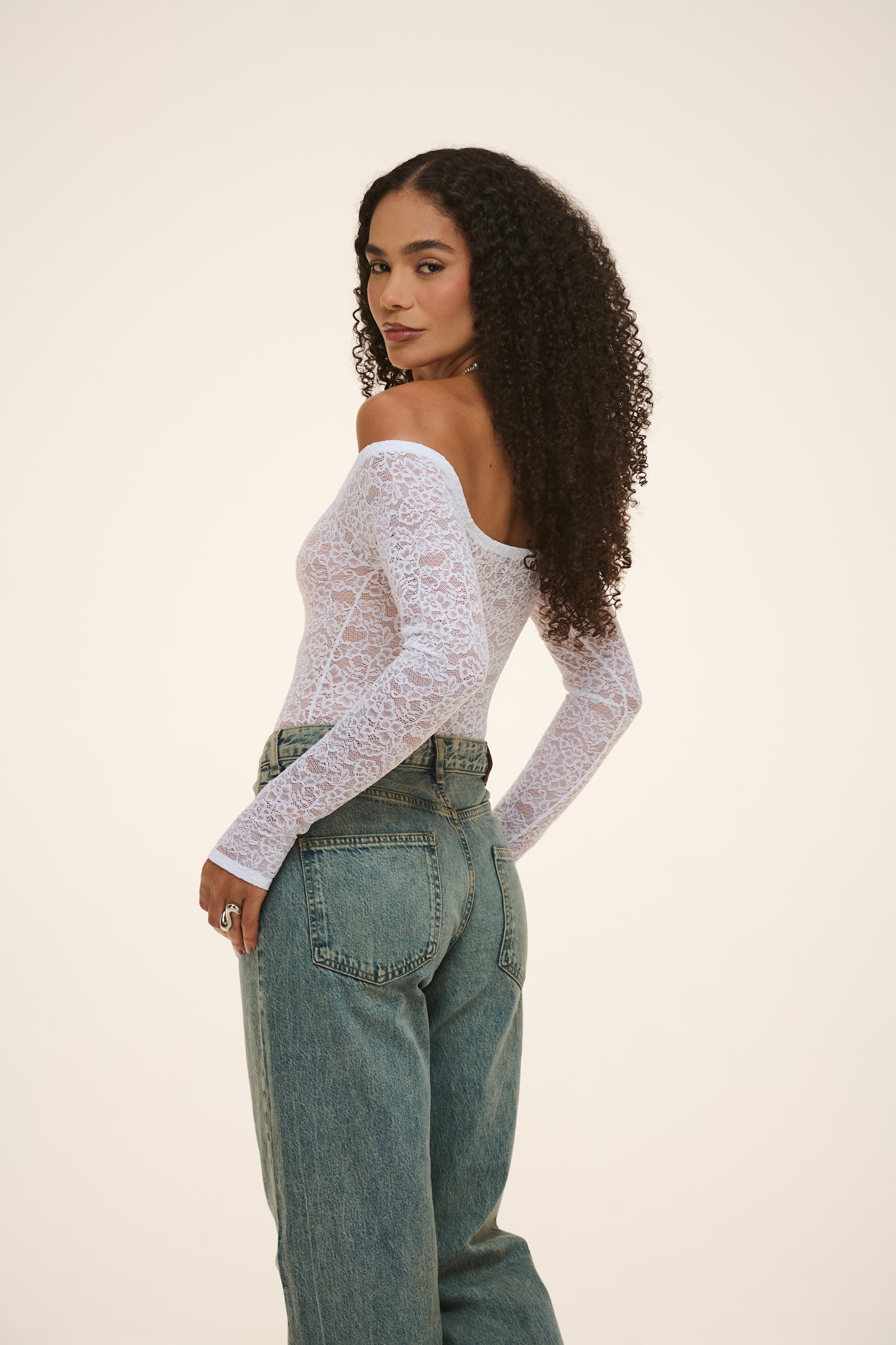 Body Presença Manga Longa Em Renda Branco