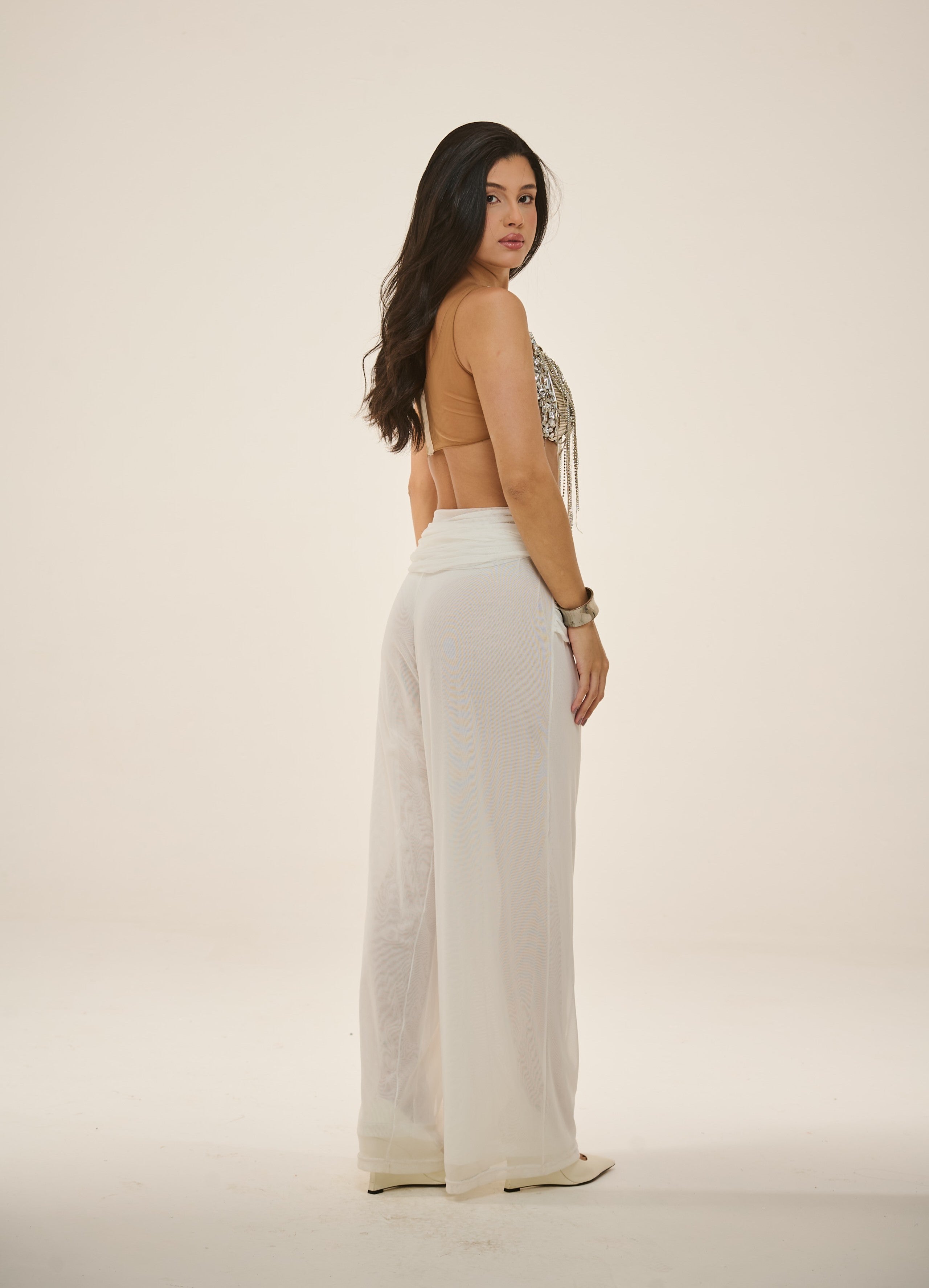 Calça Fluir em Tule com Amarrações Laterais Off White